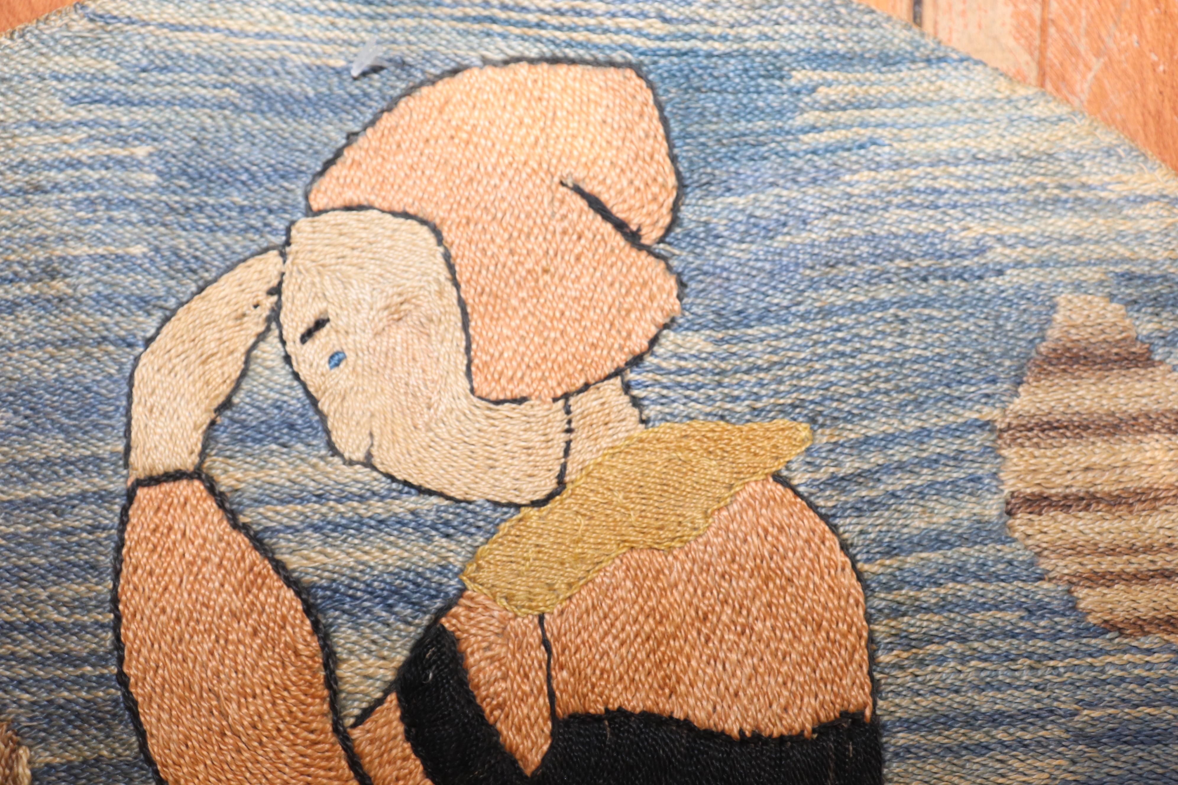 Zabihi Collection Grenfell Hooked Small Round Woman in Bonnet Rug In Good Condition For Sale In New York, NY