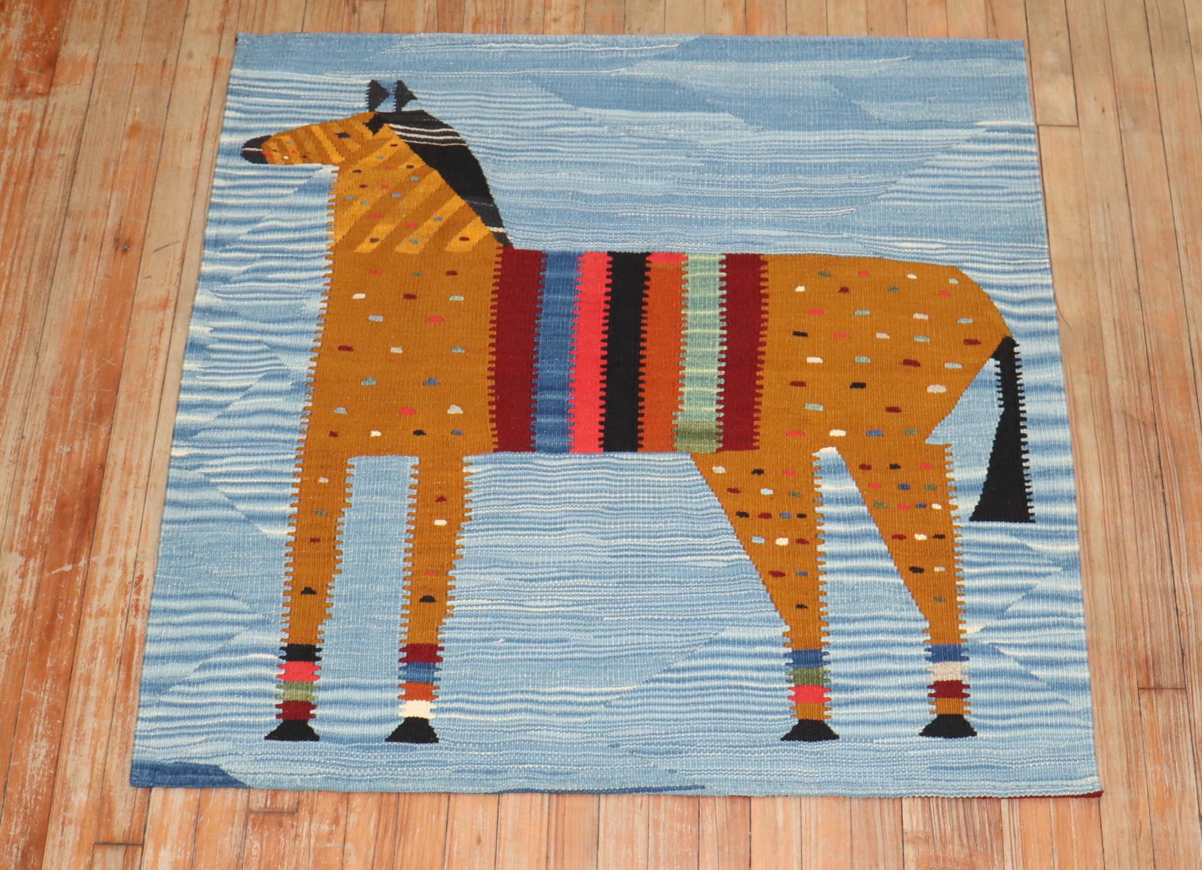 Wool Zabihi Collection Horse Pictorial Persian Wall Kilim For Sale