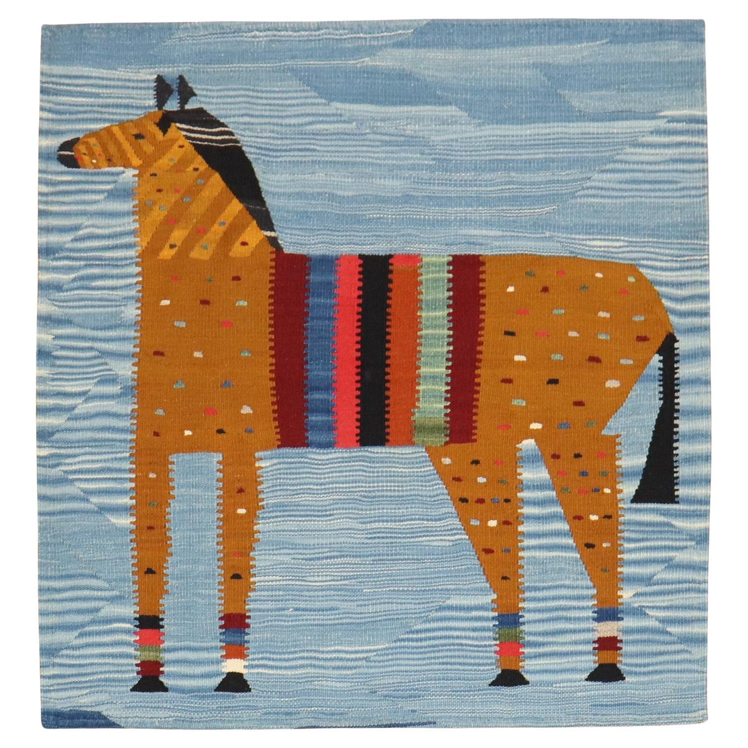 Zabihi Collection Horse Pictorial Persian Wall Kilim For Sale