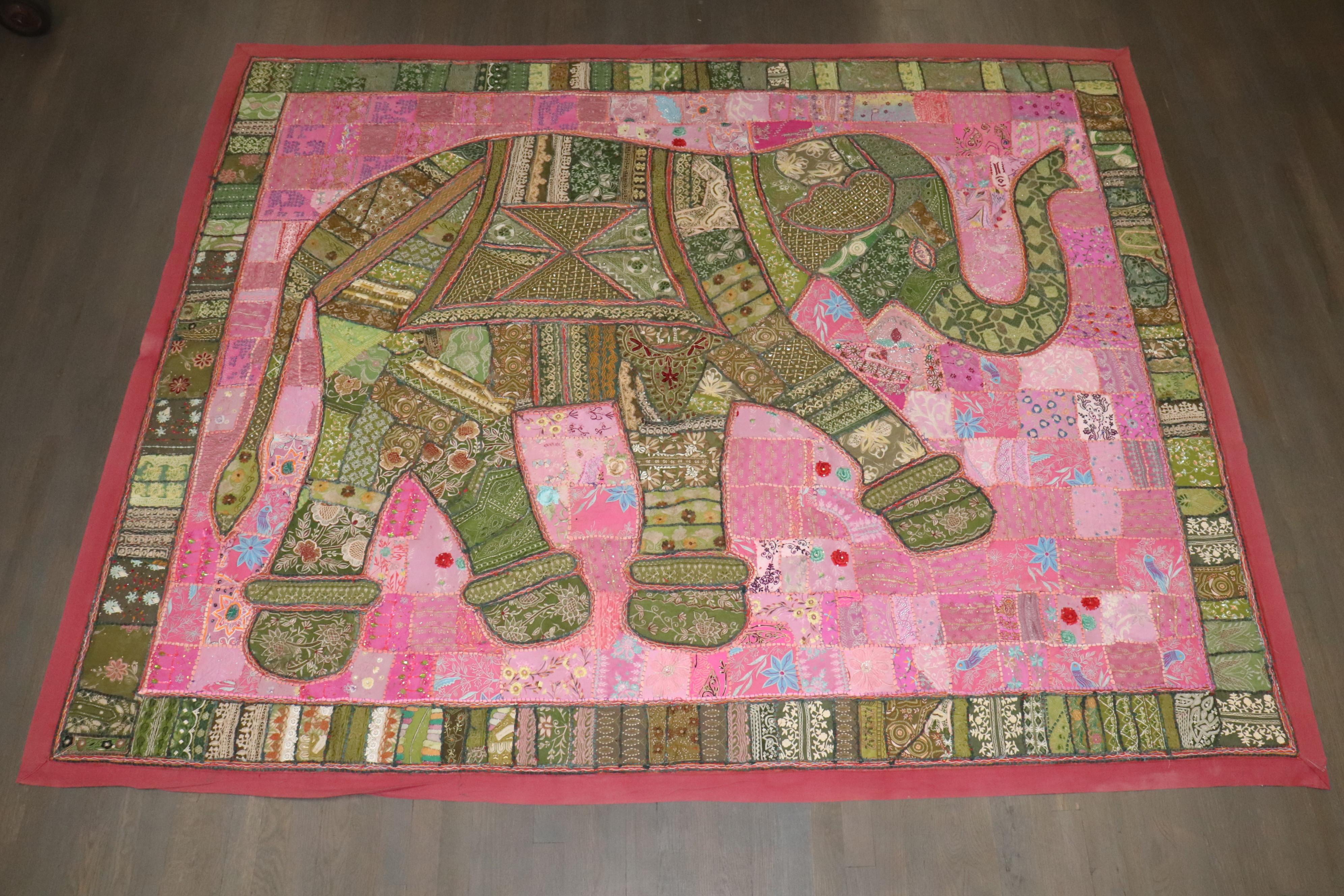 Hollywood Regency Zabihi Collection Indian Elephant Embroidery Tapestry Textile For Sale