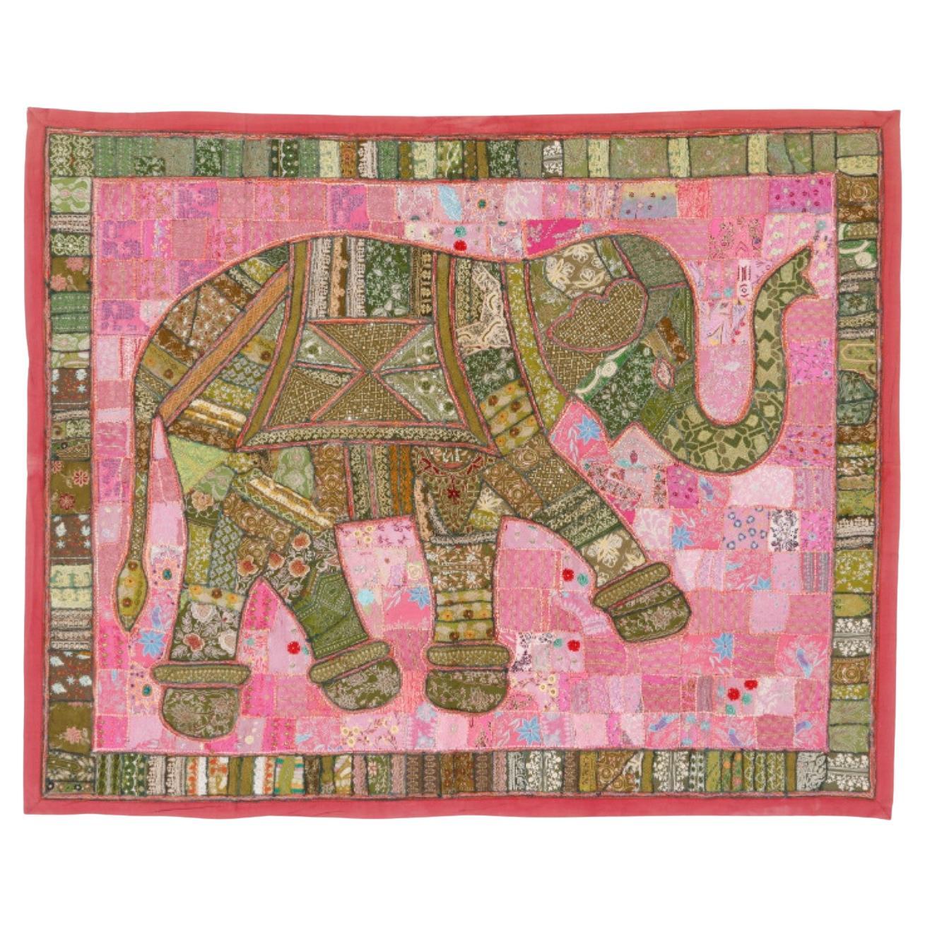 Zabihi Collection Indian Elephant Embroidery Tapestry Textile For Sale
