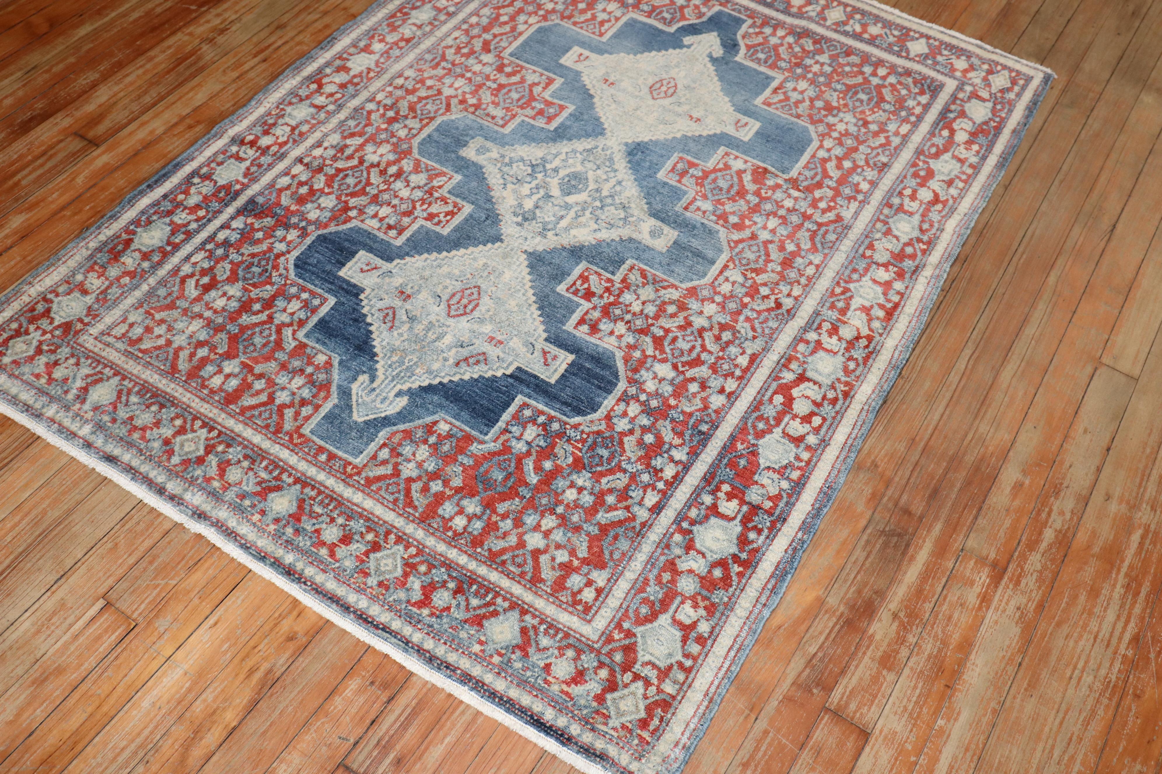 Hand-Woven Zabihi Collection Ink Blue Antique Persian Senneh Rug For Sale