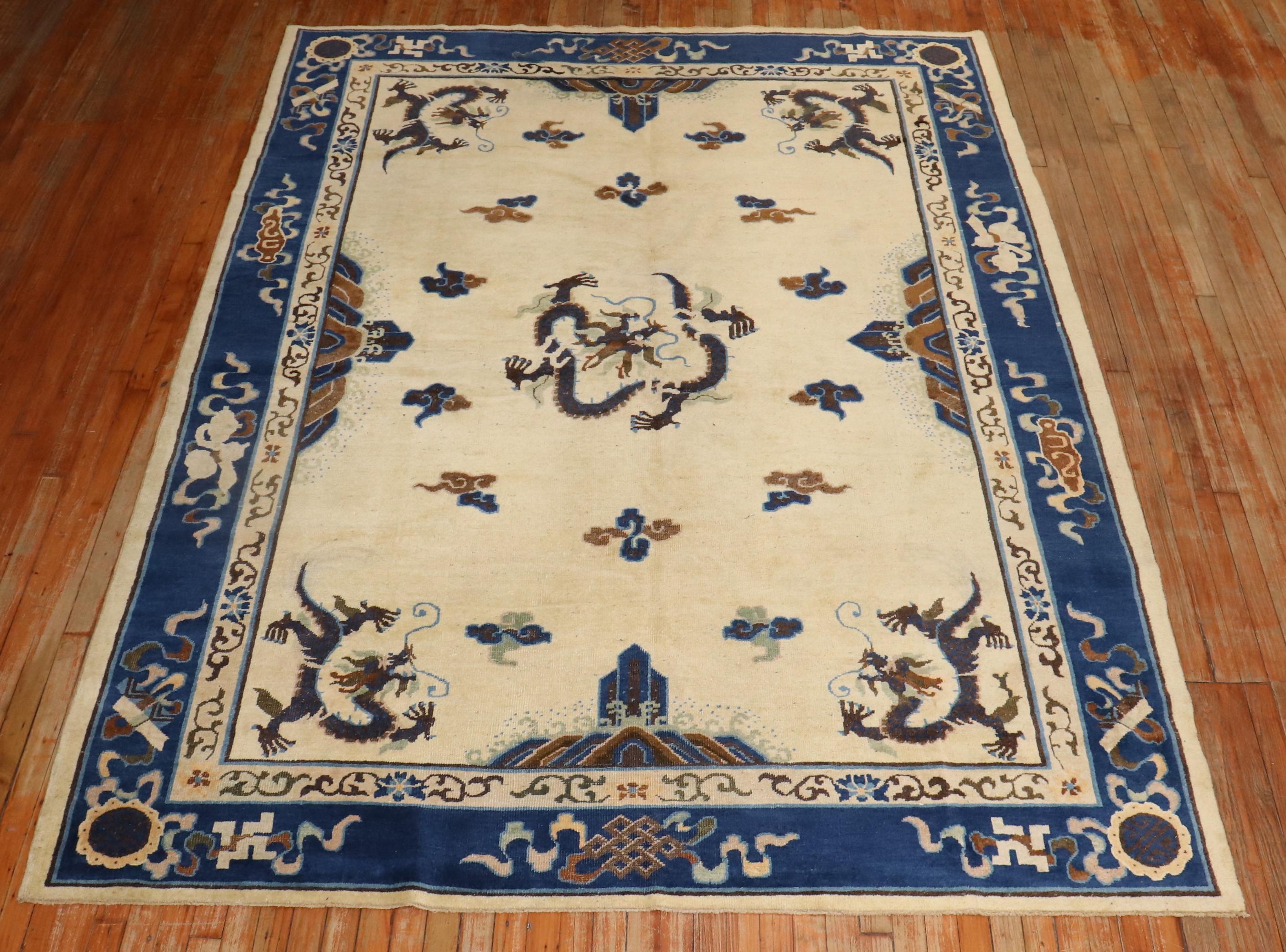 Zabihi Collection Ivory Antique Chinese Dragon Rug For Sale 4