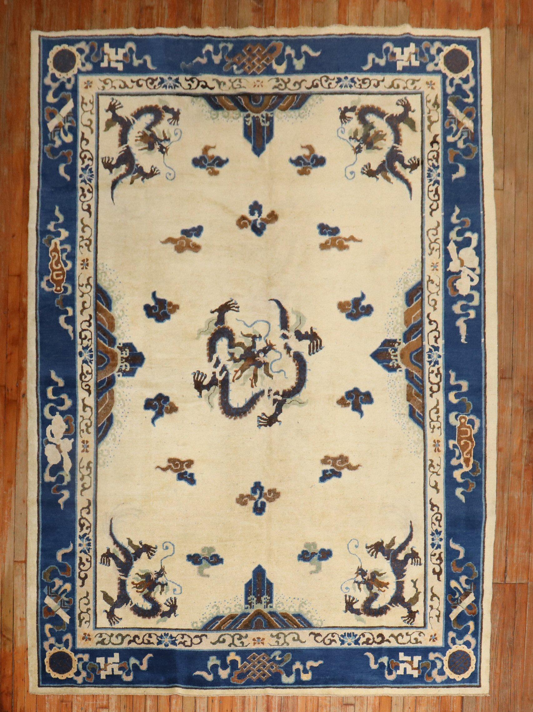 Zabihi Collection Ivory Antique Chinese Dragon Rug For Sale 5