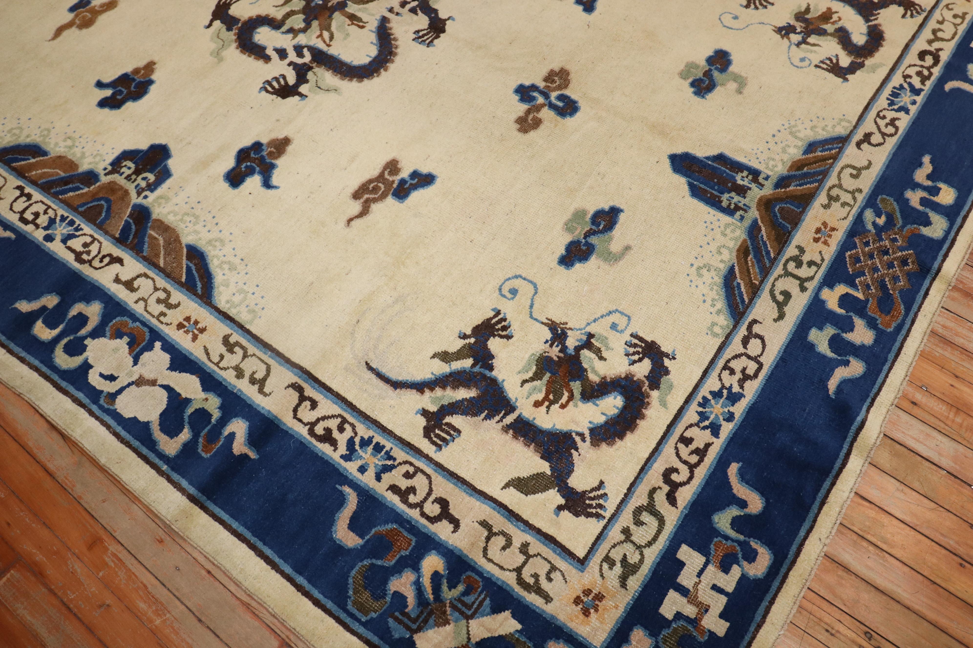 Empire Zabihi Collection Ivory Antique Chinese Dragon Rug For Sale
