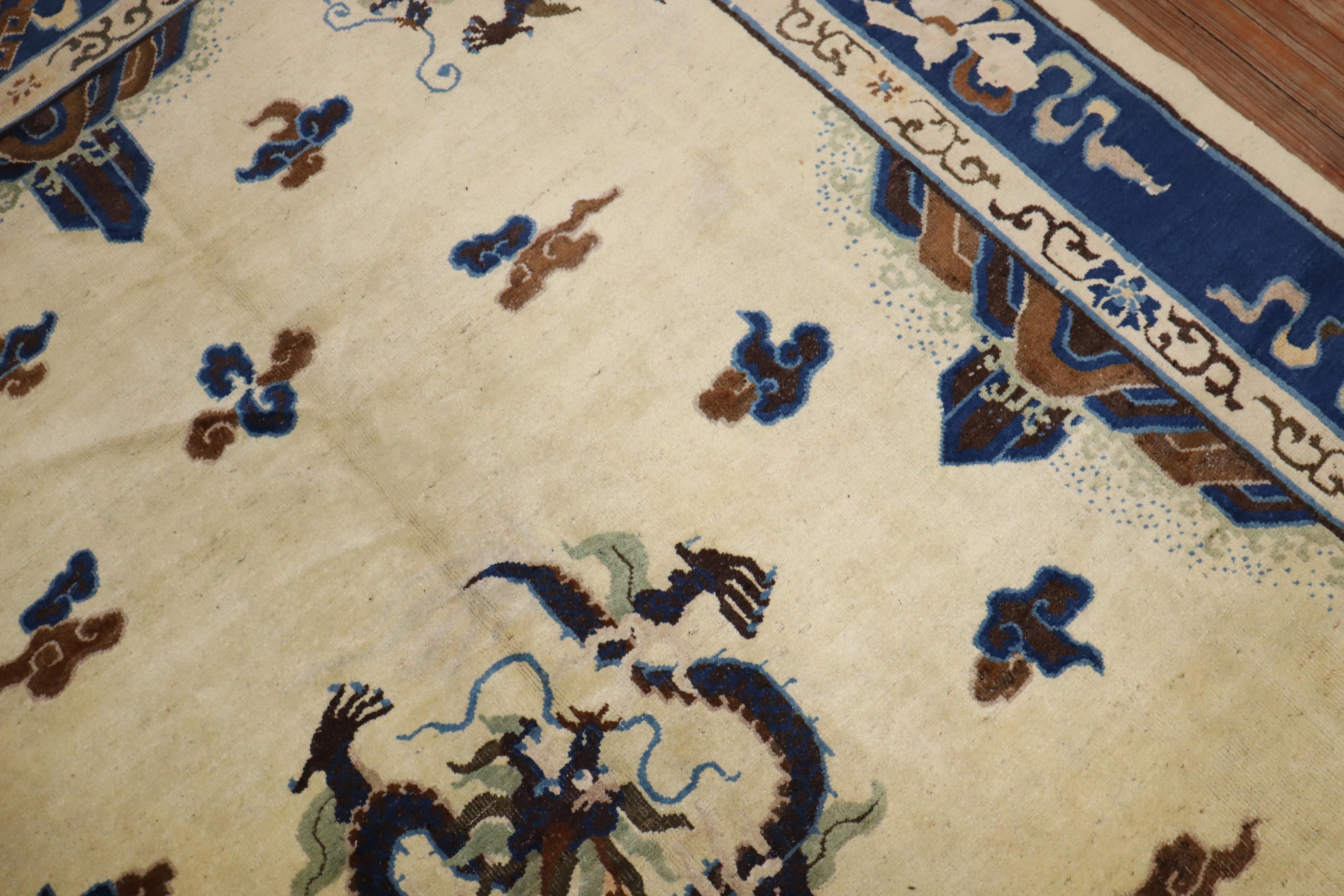Zabihi Collection Ivory Antique Chinese Dragon Rug In Good Condition For Sale In New York, NY