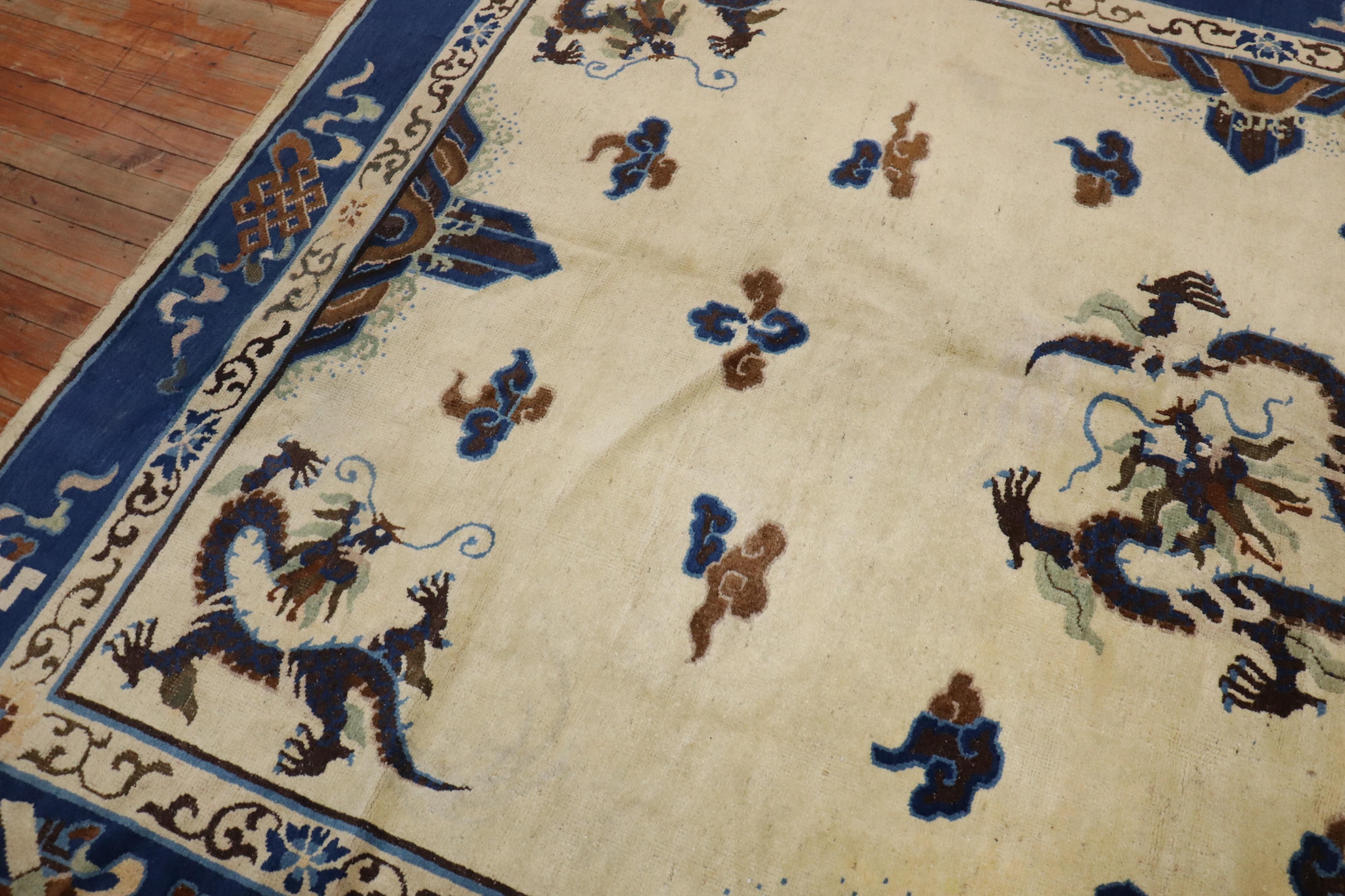 Zabihi Collection Ivory Antique Chinese Dragon Rug For Sale 1