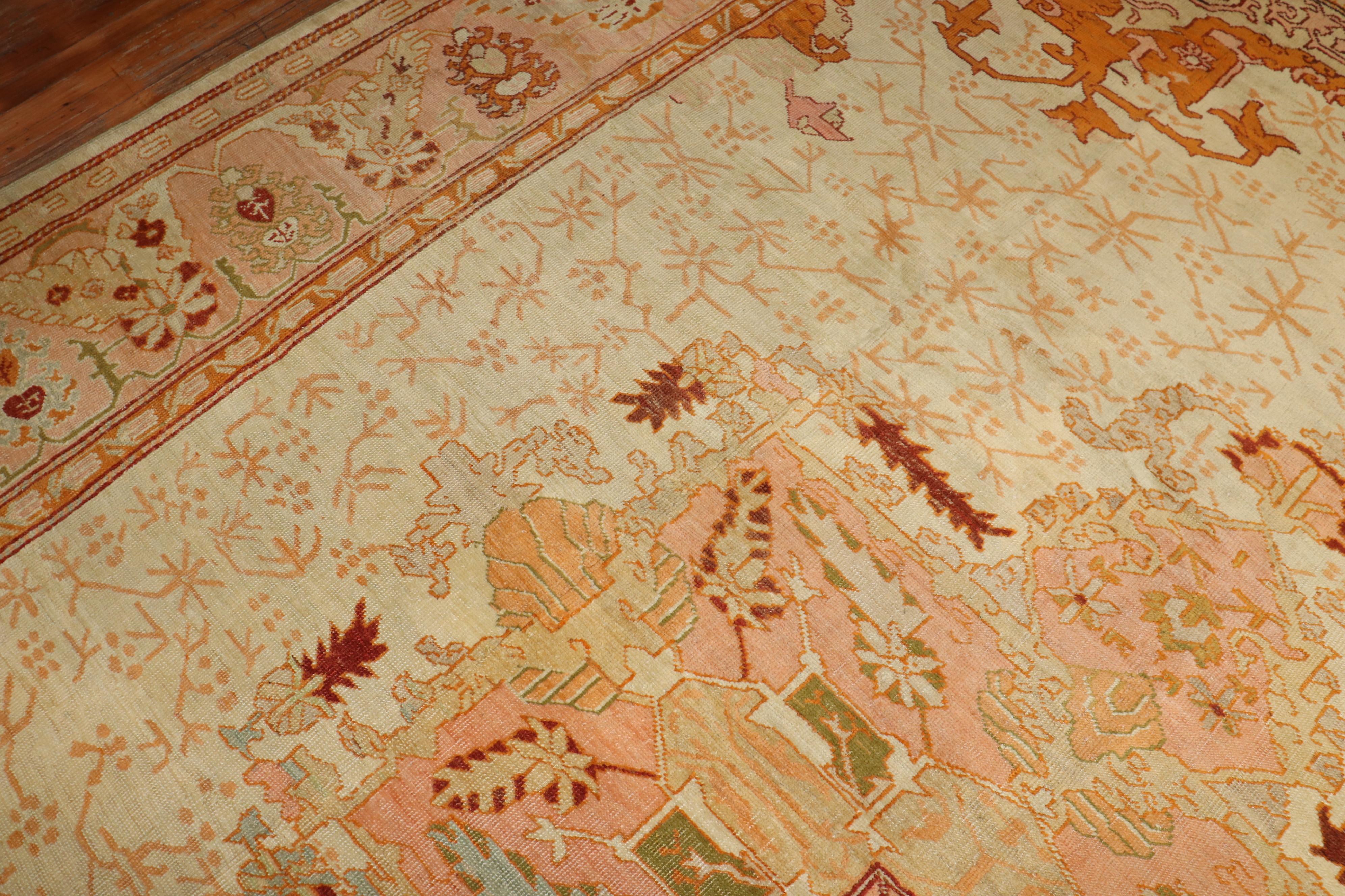 Zabihi Collection Ivory Antique Large Oushak Rug In Good Condition For Sale In New York, NY