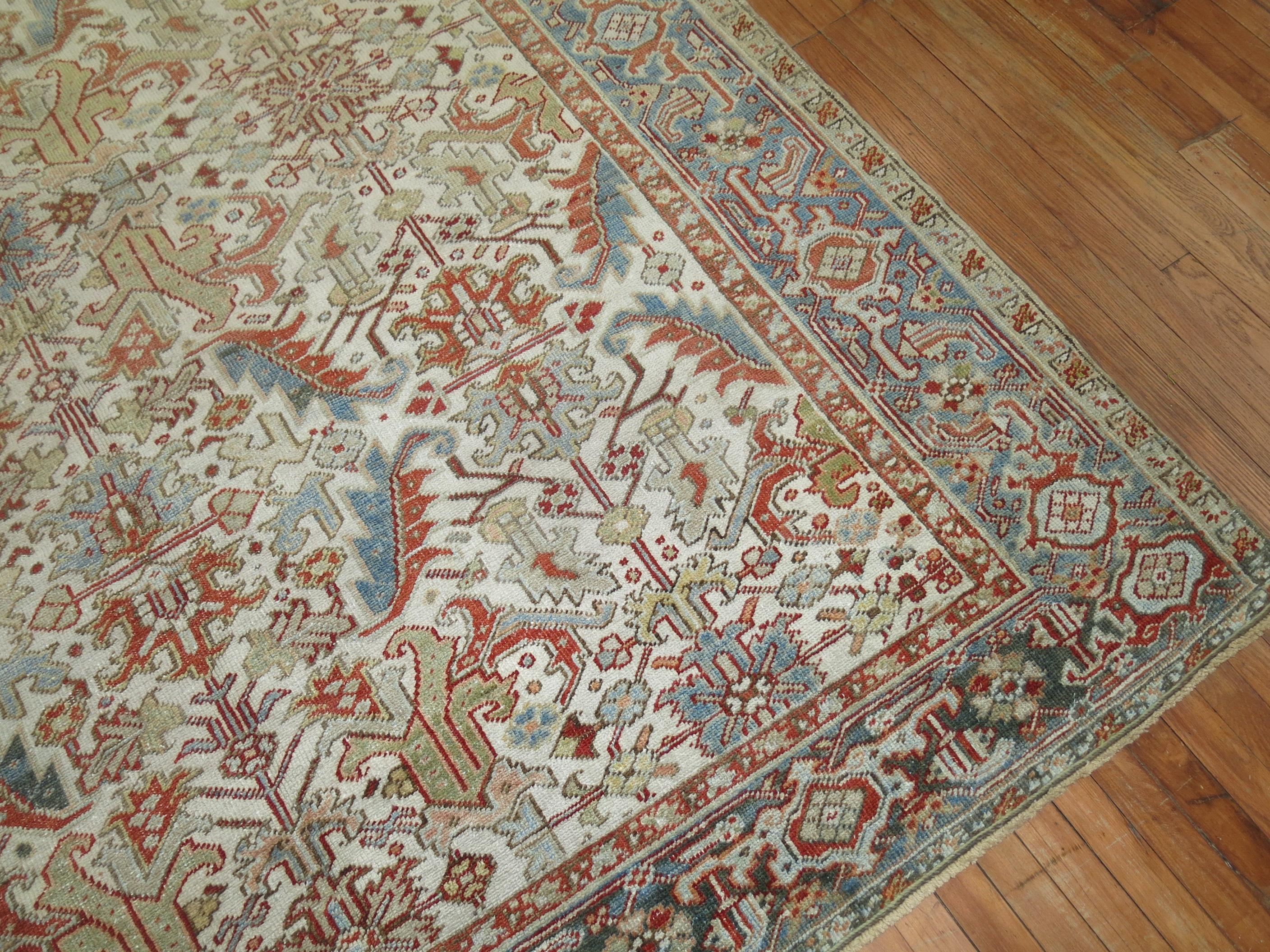 Hand-Knotted Zabihi Collection Ivory Antique Persian Heriz Rug For Sale