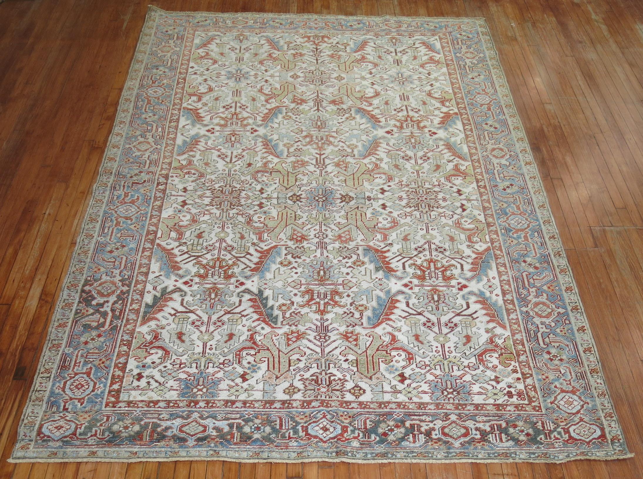 Zabihi Collection Ivory Antique Persian Heriz Rug For Sale 2