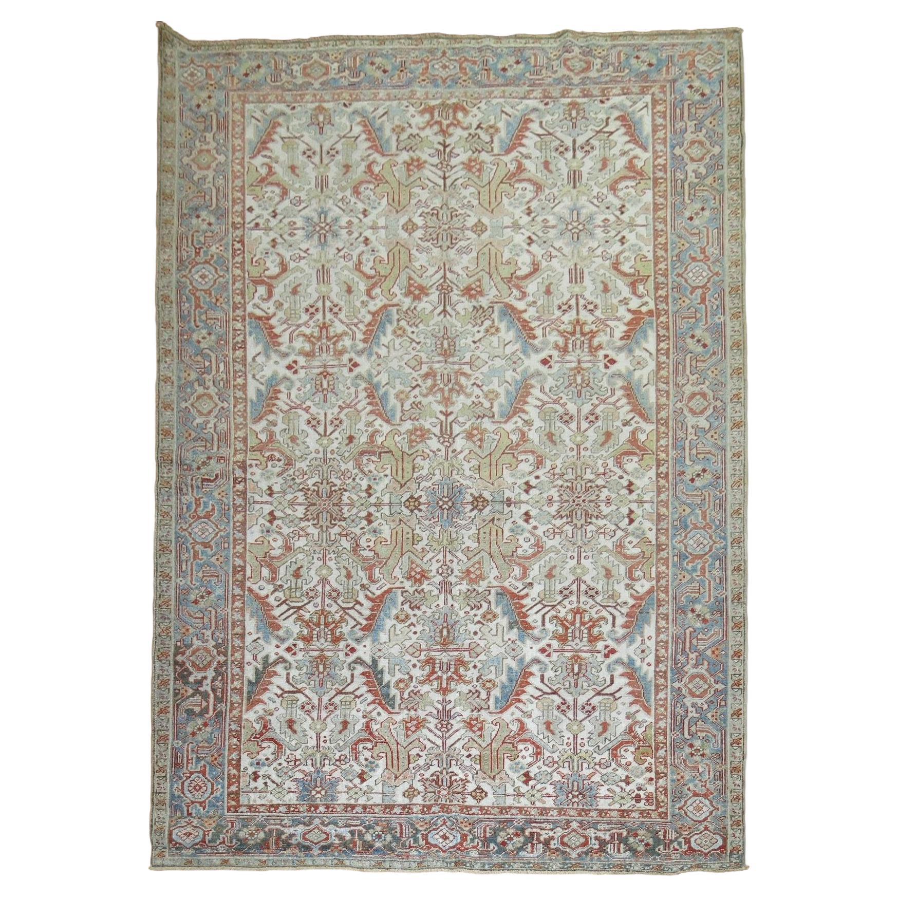 Zabihi Collection Ivory Antique Persian Heriz Rug For Sale