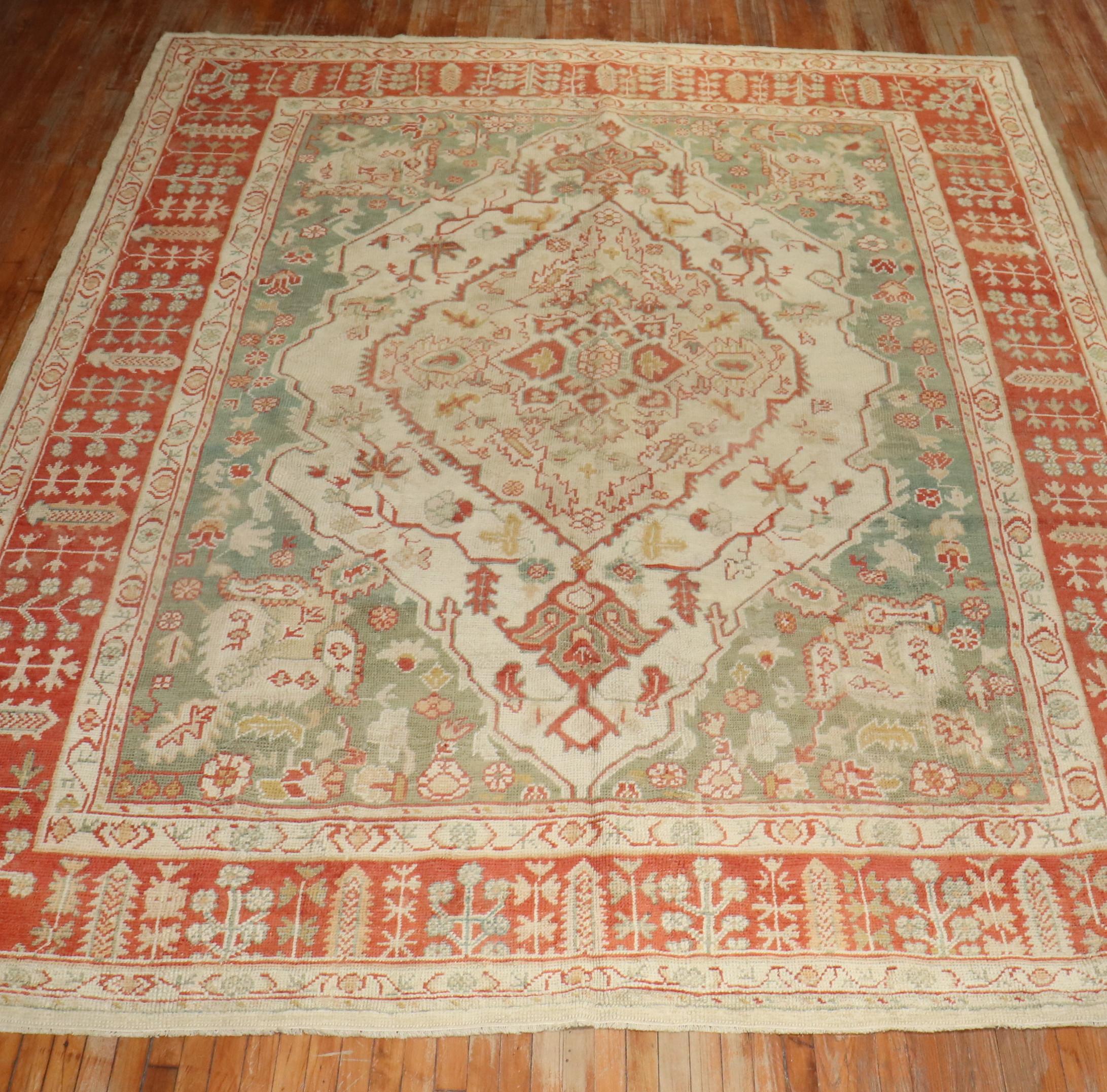 Zabihi Collection Ivory Antique Turkish Oushak Rug For Sale 5