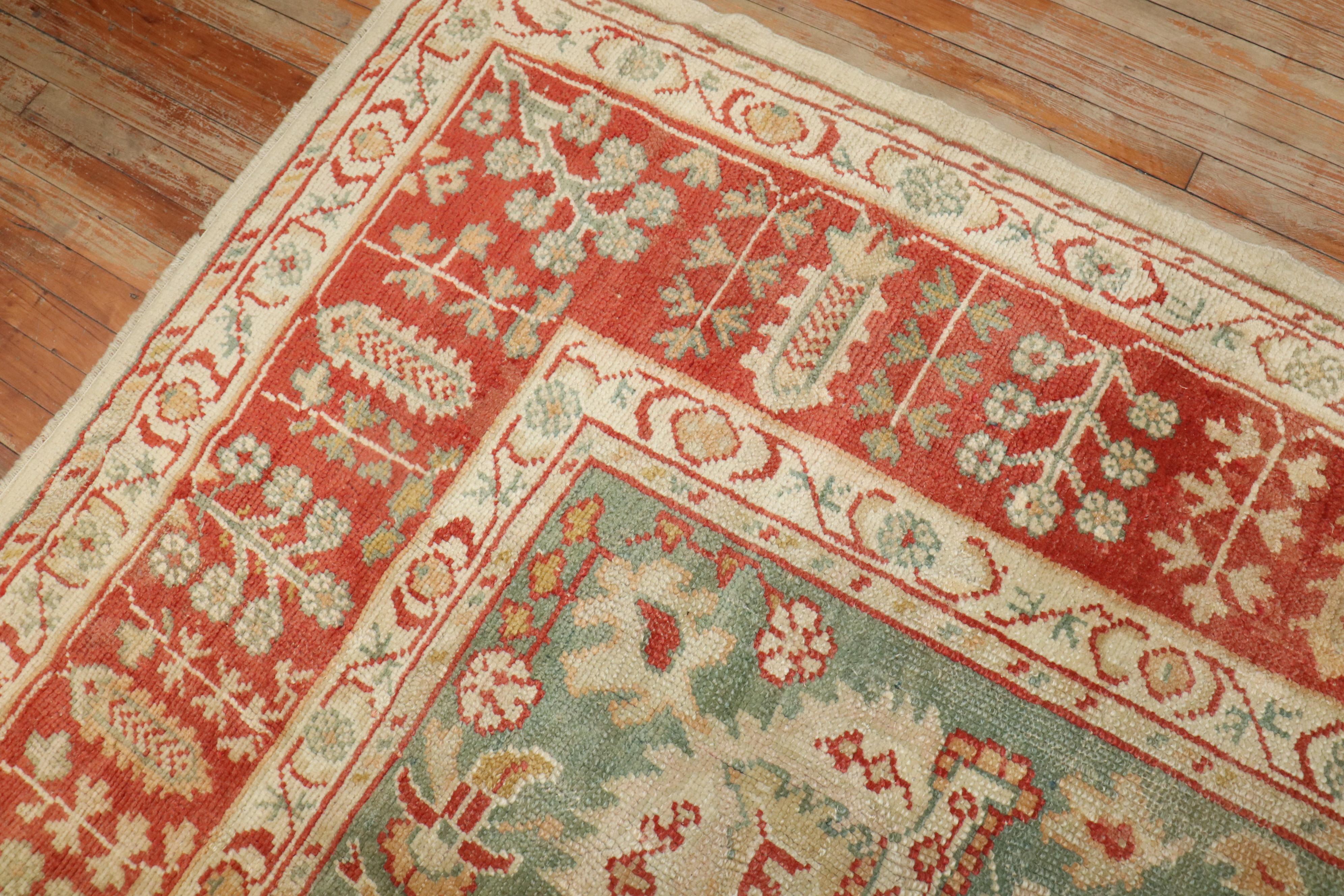 Hand-Woven Zabihi Collection Ivory Antique Turkish Oushak Rug For Sale
