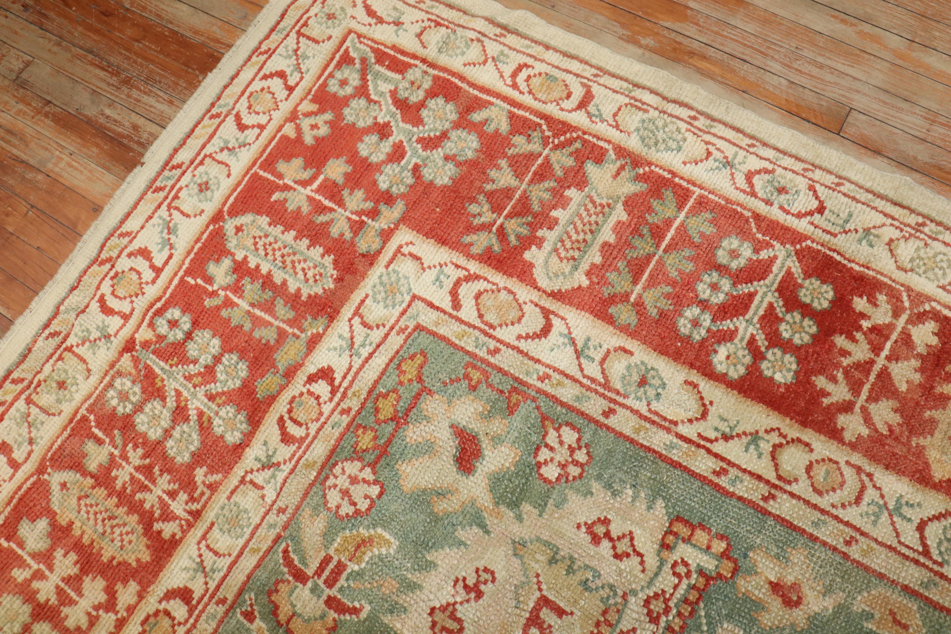 Hand-Woven Zabihi Collection Ivory Antique Turkish Oushak Rug For Sale