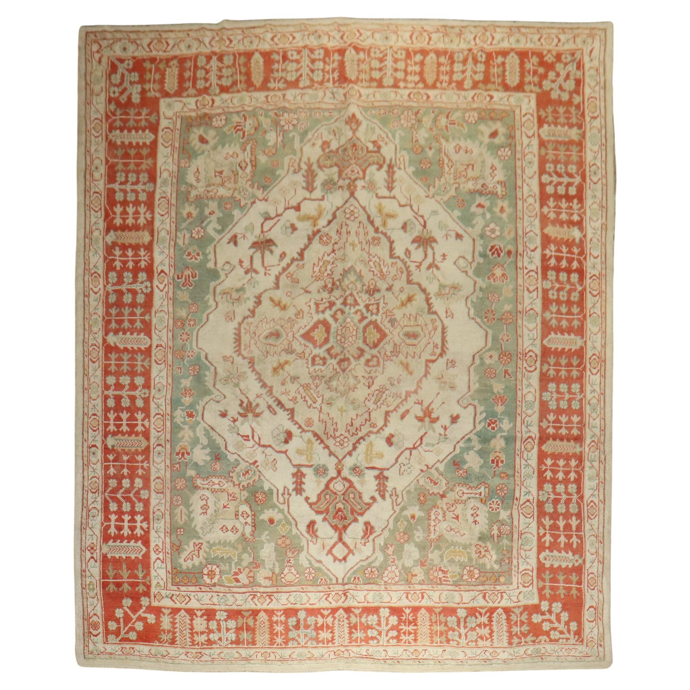 Zabihi Collection Ivory Antique Turkish Oushak Rug