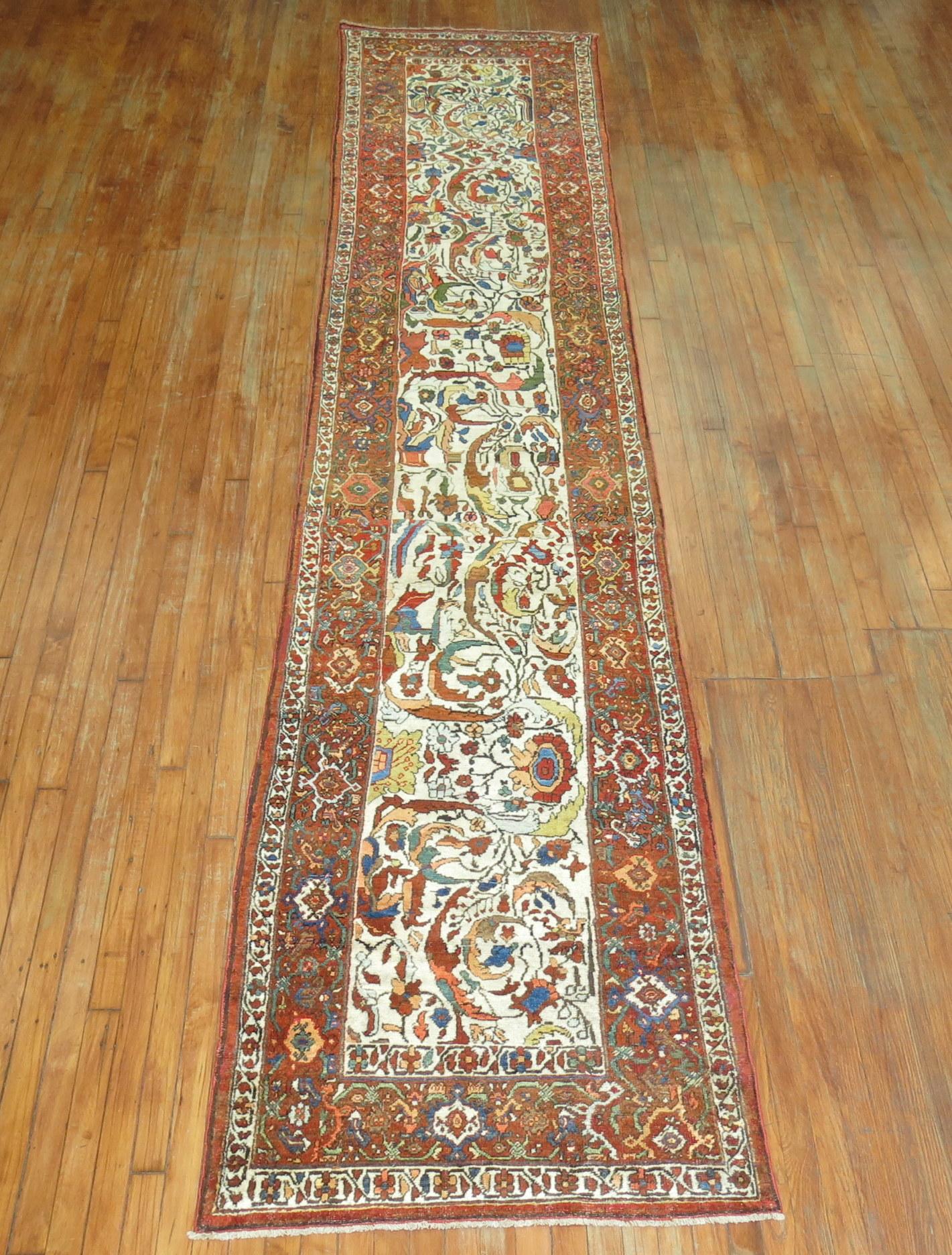 Wool Zabihi Collection Ivory Northwest Persian Antique Runner For Sale