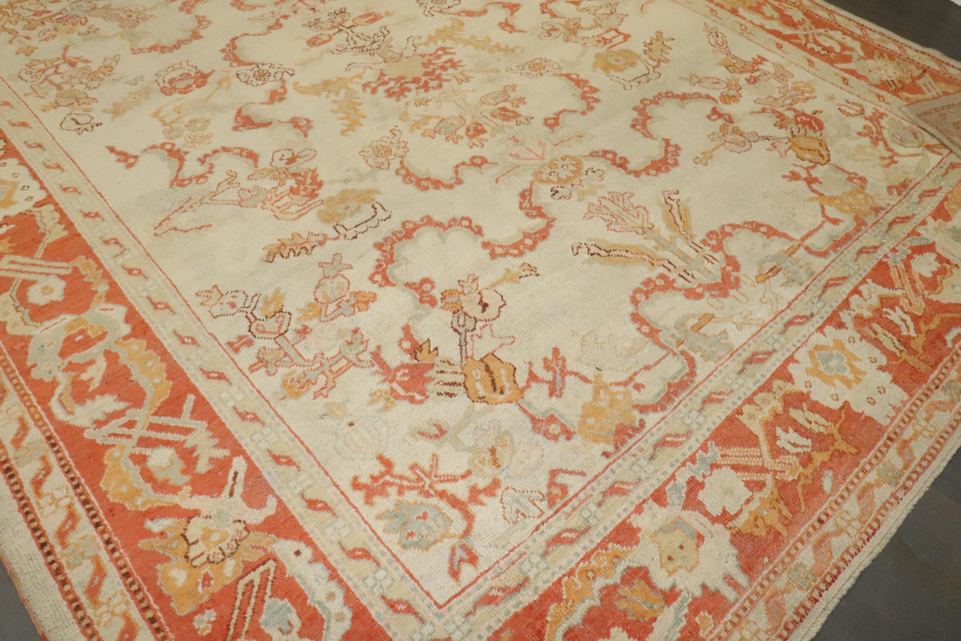 Zabihi Collection Ivory Orange Antique Turkish Oushak Room Size Carpet For Sale 4