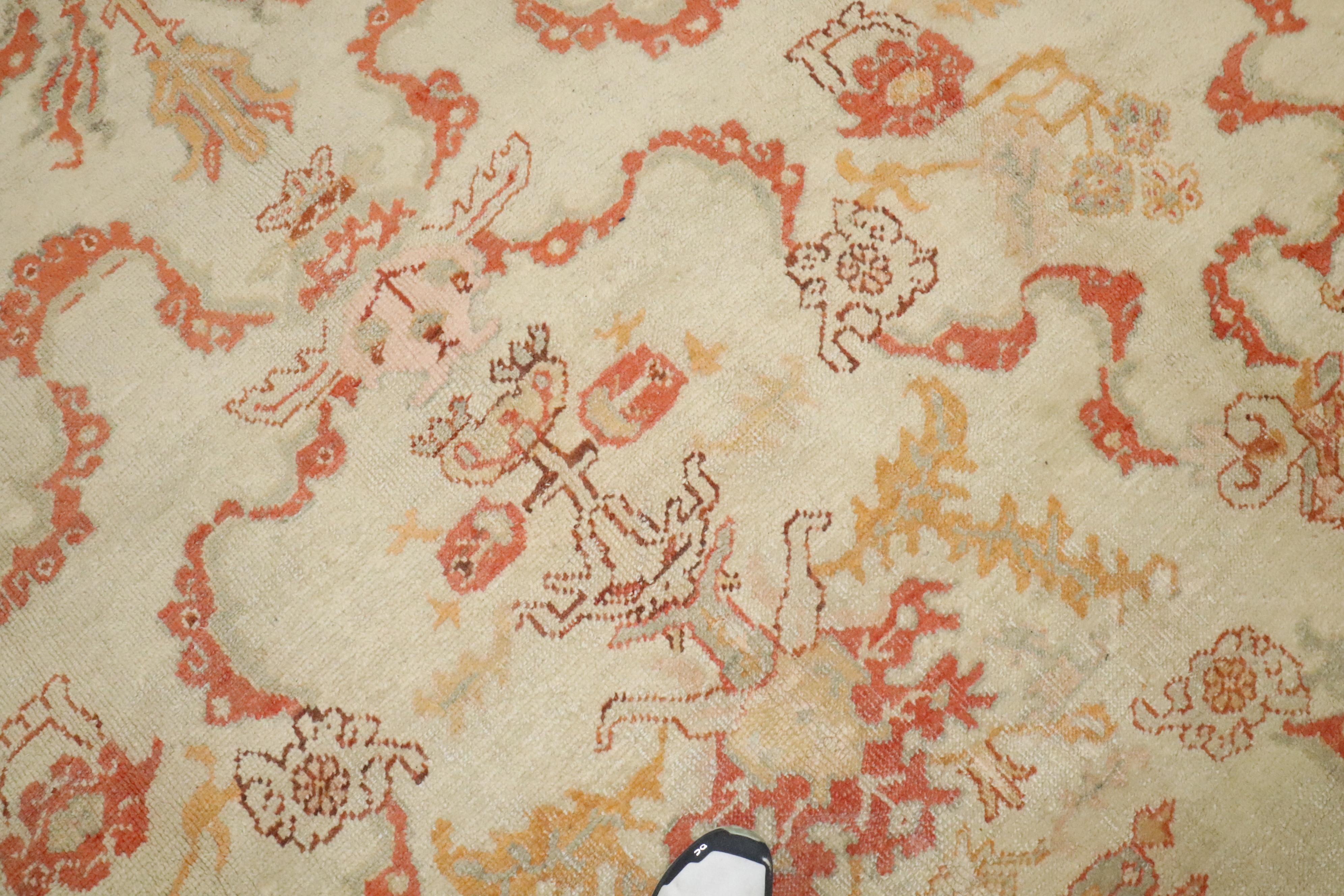 Zabihi Collection Ivory Orange Antique Turkish Oushak Room Size Carpet For Sale 6