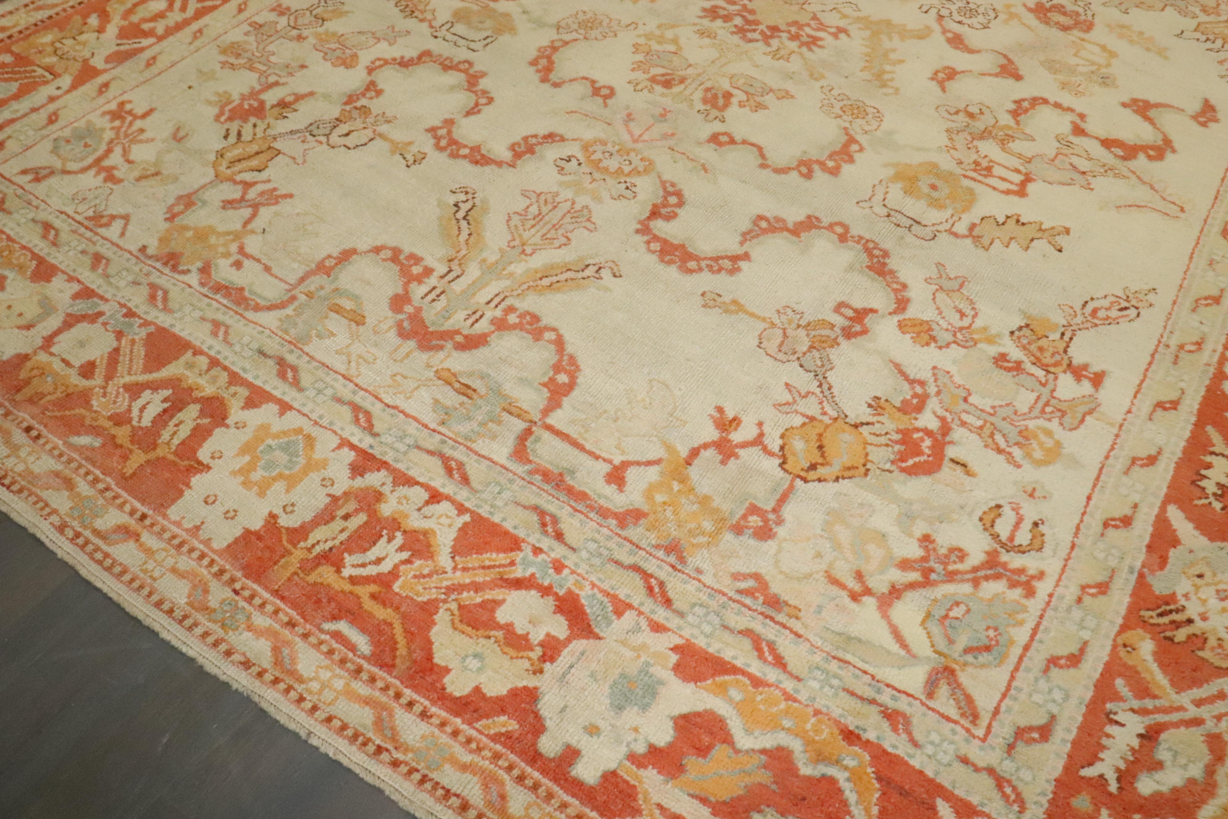 Adirondack Zabihi Collection Ivory Orange Antique Turkish Oushak Room Size Carpet For Sale