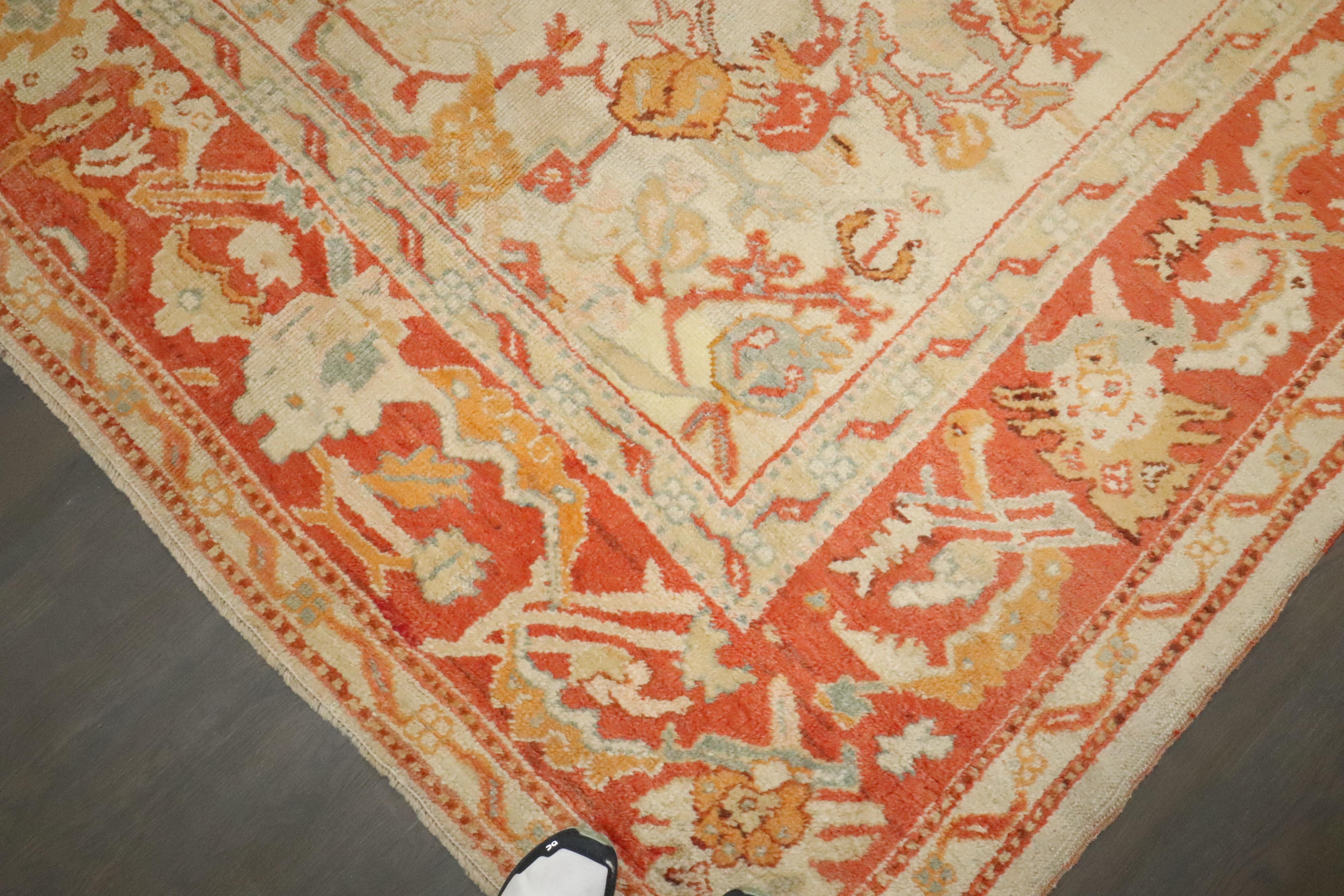 Zabihi Collection Ivory Orange Antique Turkish Oushak Room Size Carpet In Good Condition For Sale In New York, NY
