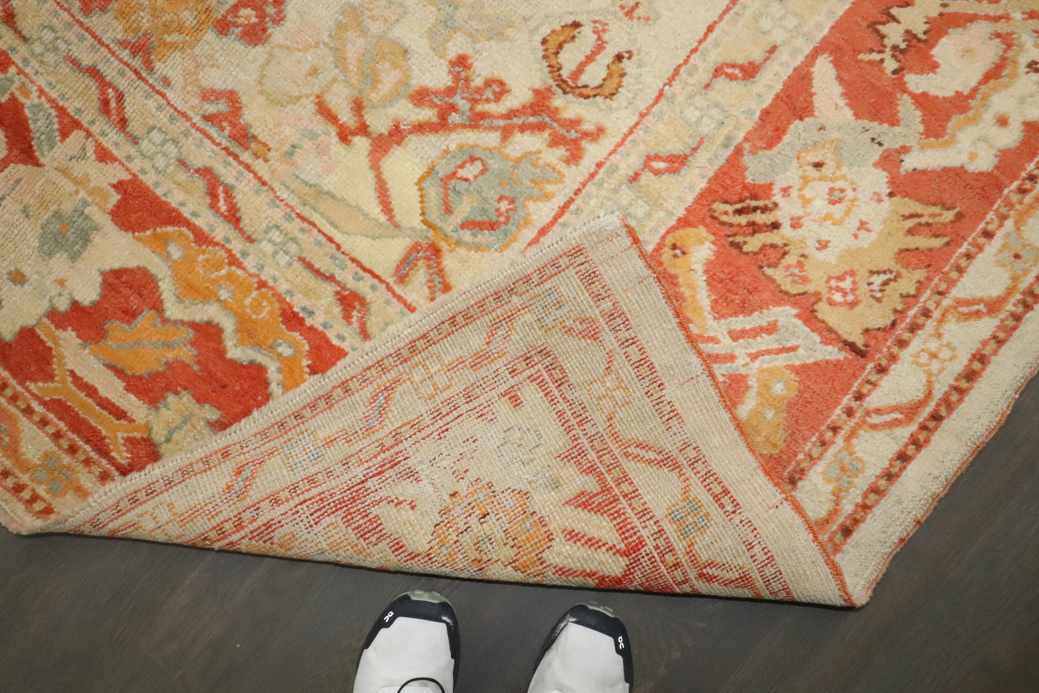 19th Century Zabihi Collection Ivory Orange Antique Turkish Oushak Room Size Carpet For Sale
