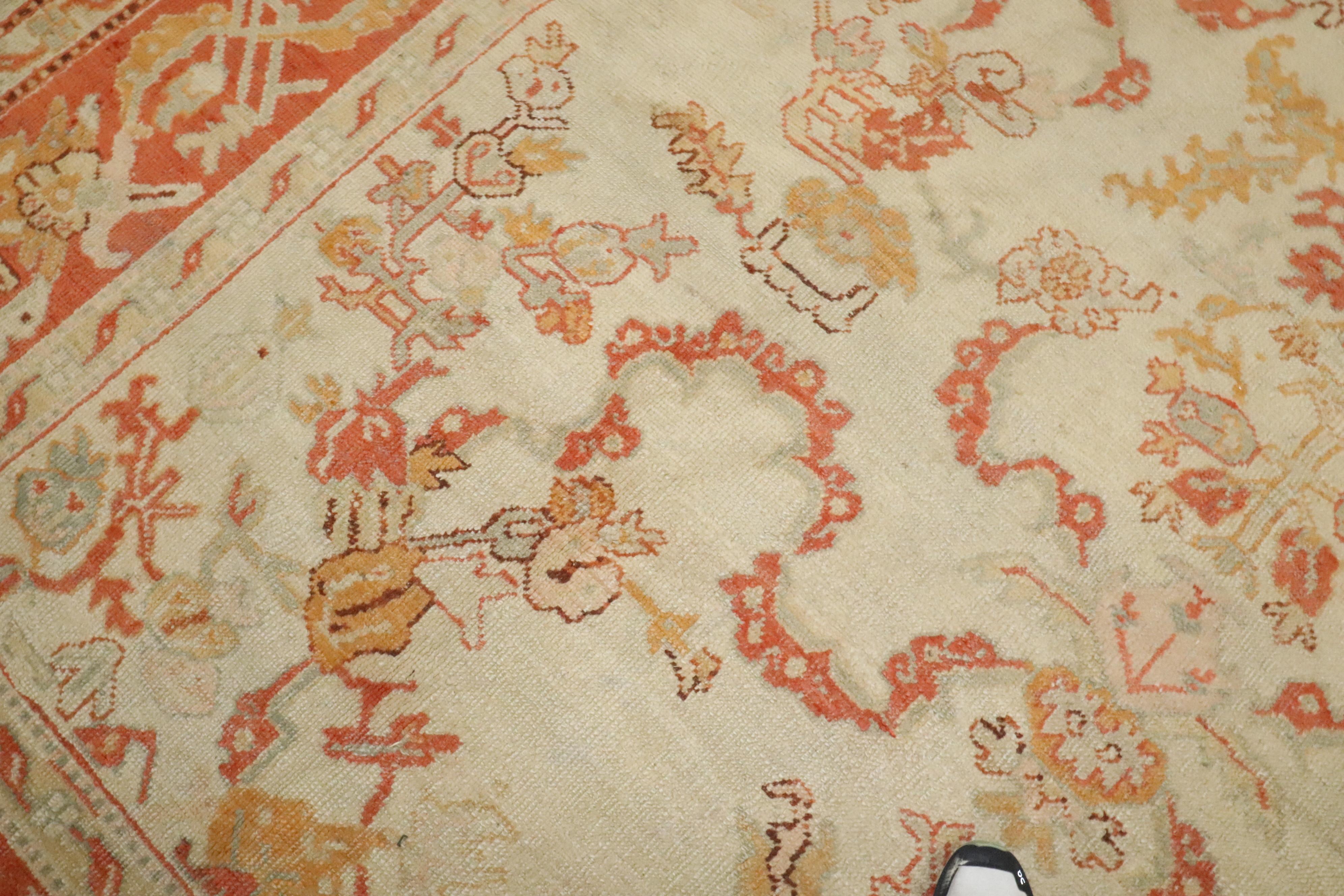 Wool Zabihi Collection Ivory Orange Antique Turkish Oushak Room Size Carpet For Sale