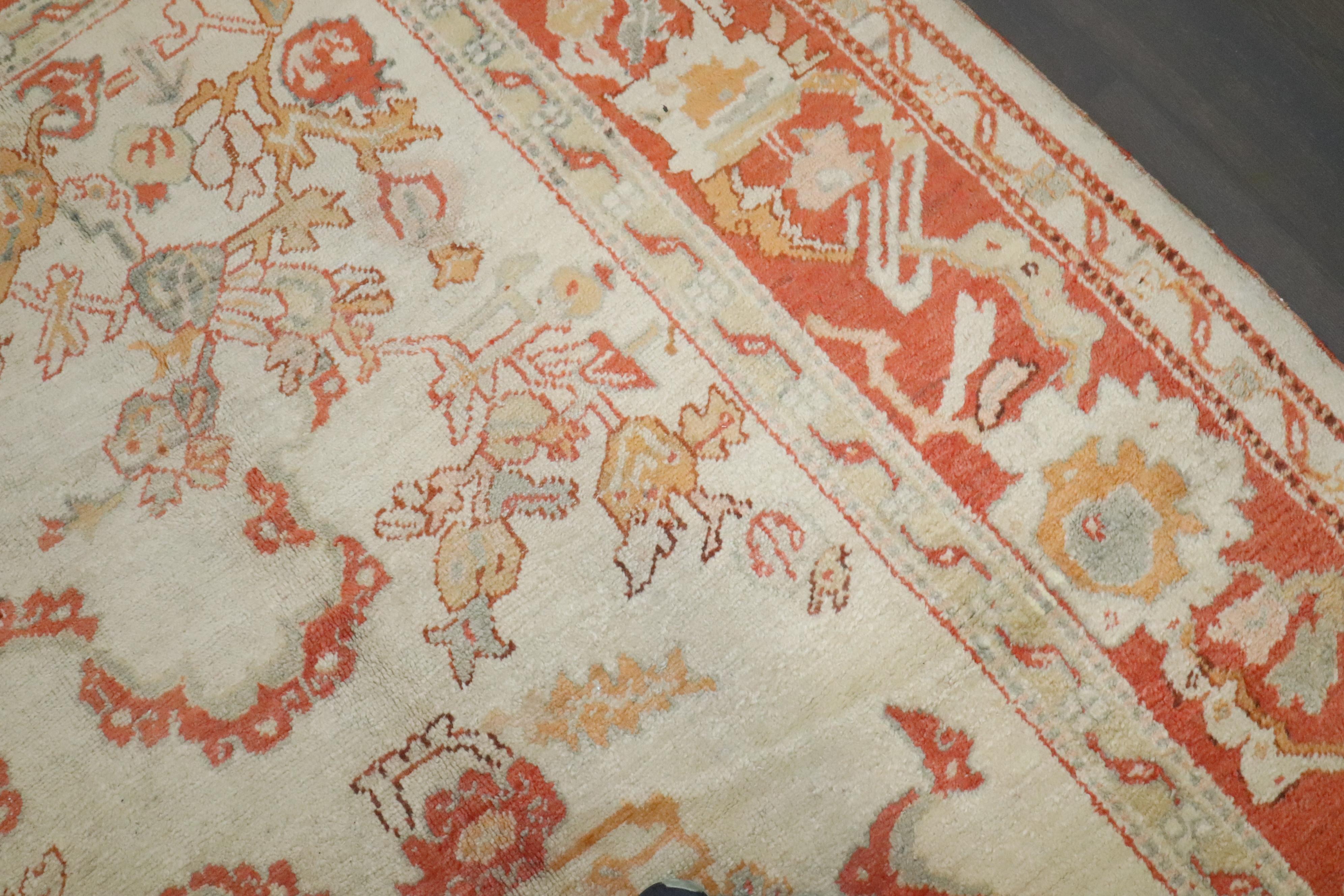 Zabihi Collection Ivory Orange Antique Turkish Oushak Room Size Carpet For Sale 1