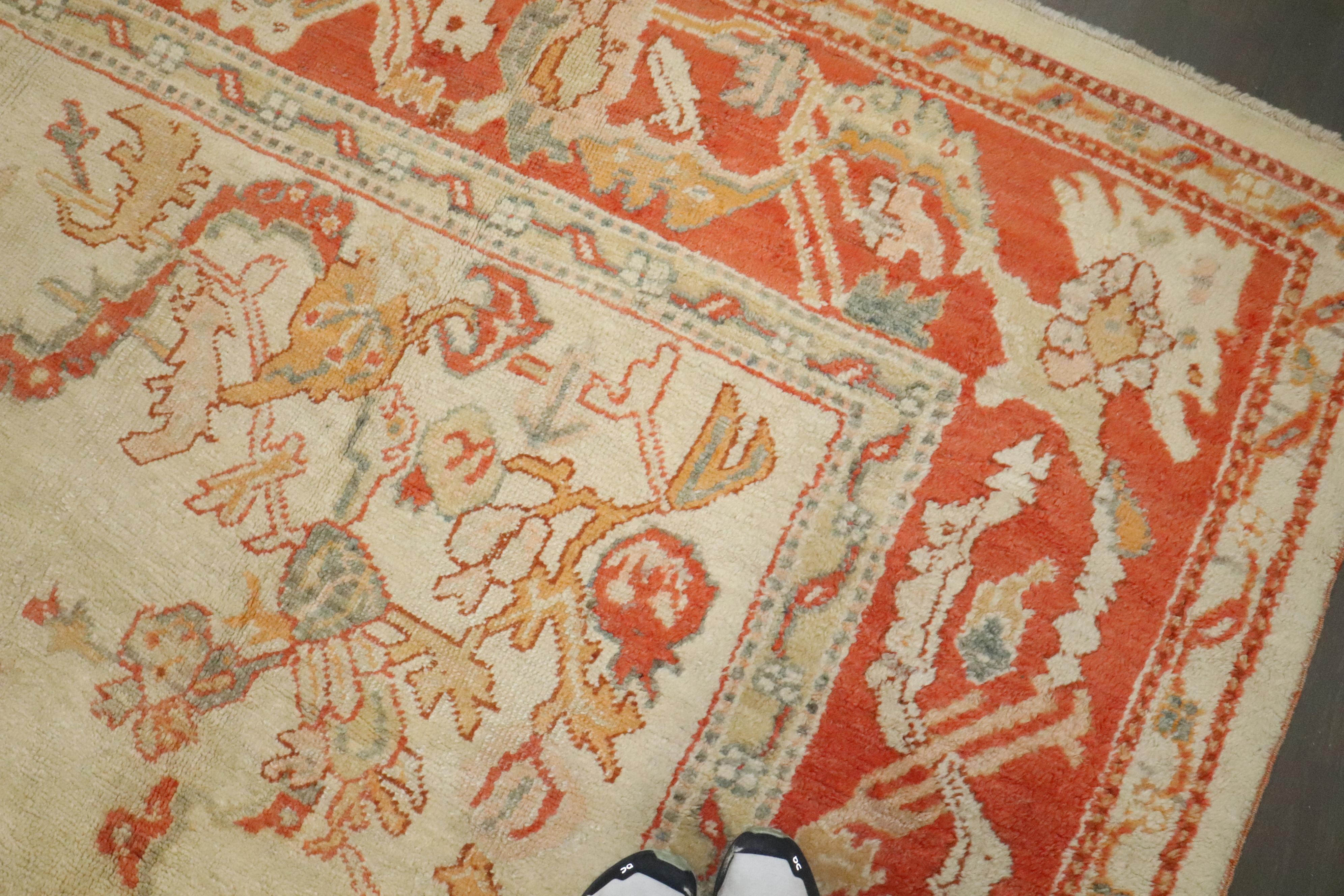 Zabihi Collection Ivory Orange Antique Turkish Oushak Room Size Carpet For Sale 2