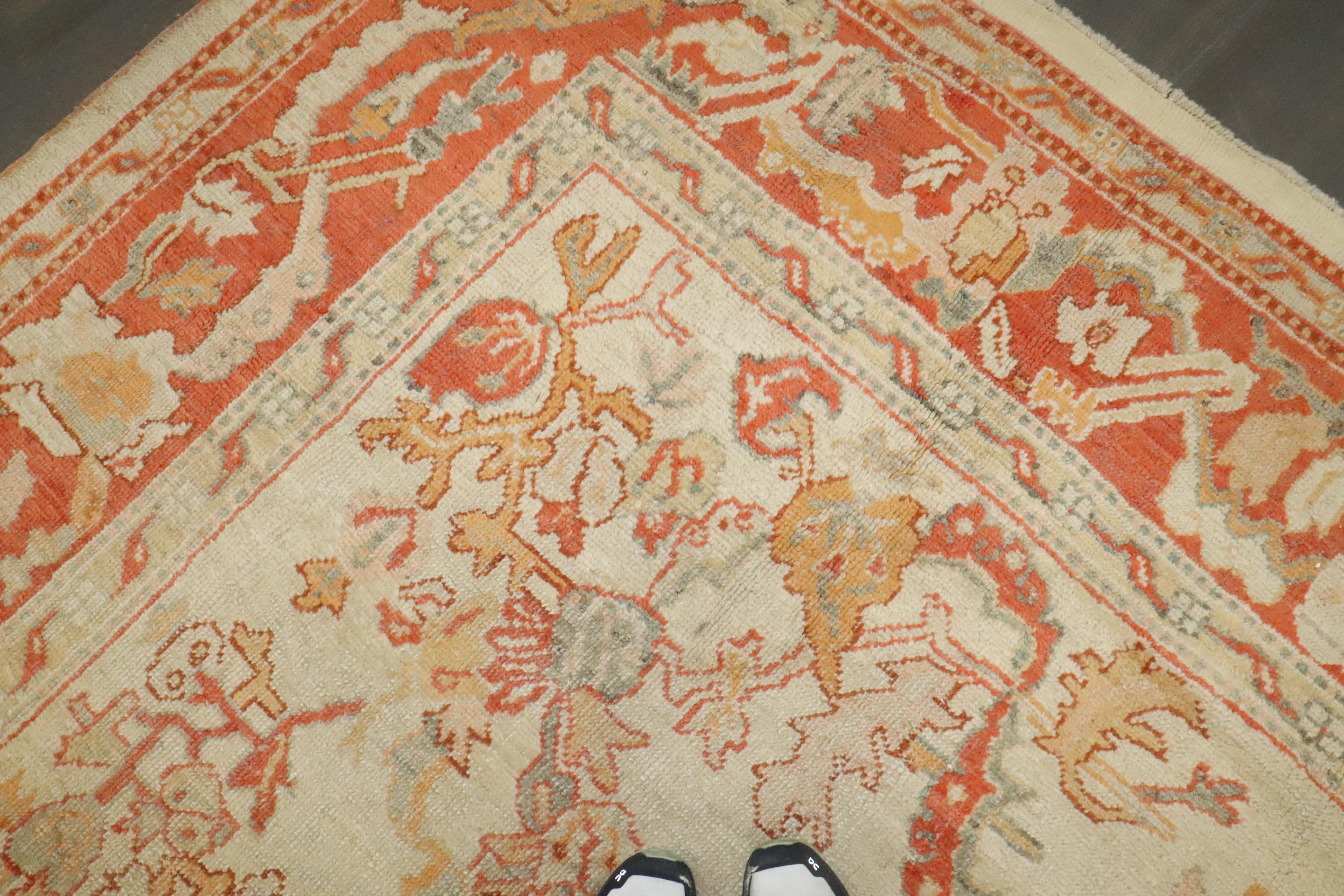 Zabihi Collection Ivory Orange Antique Turkish Oushak Room Size Carpet For Sale 3