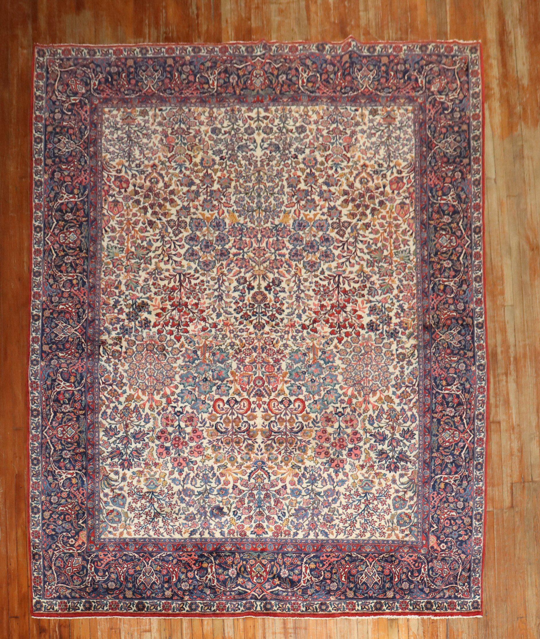 Zabihi Collection Ivory Room Size Persian Kashan Rug For Sale 4