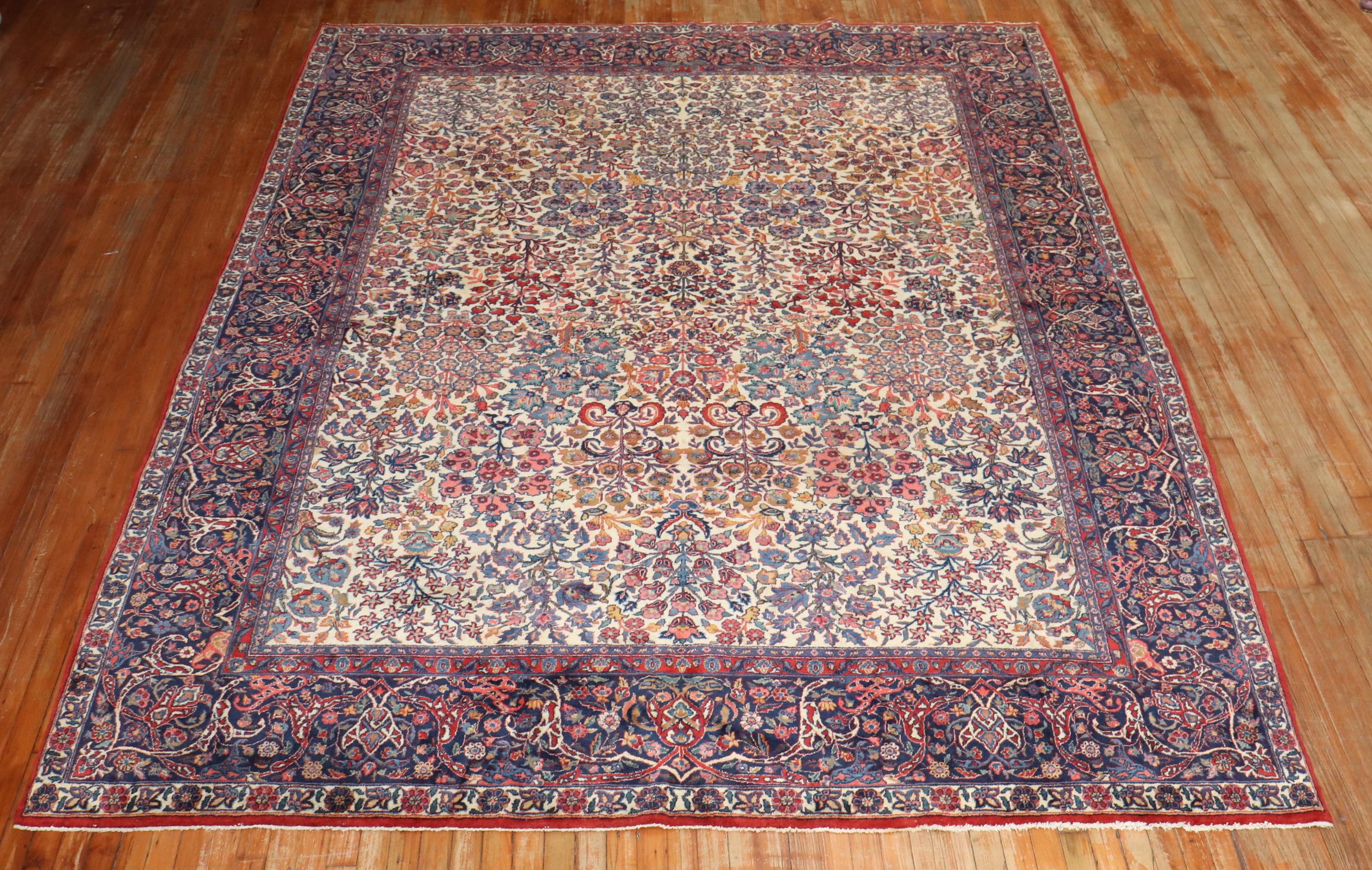 Zabihi Collection Ivory Room Size Persian Kashan Rug For Sale 12