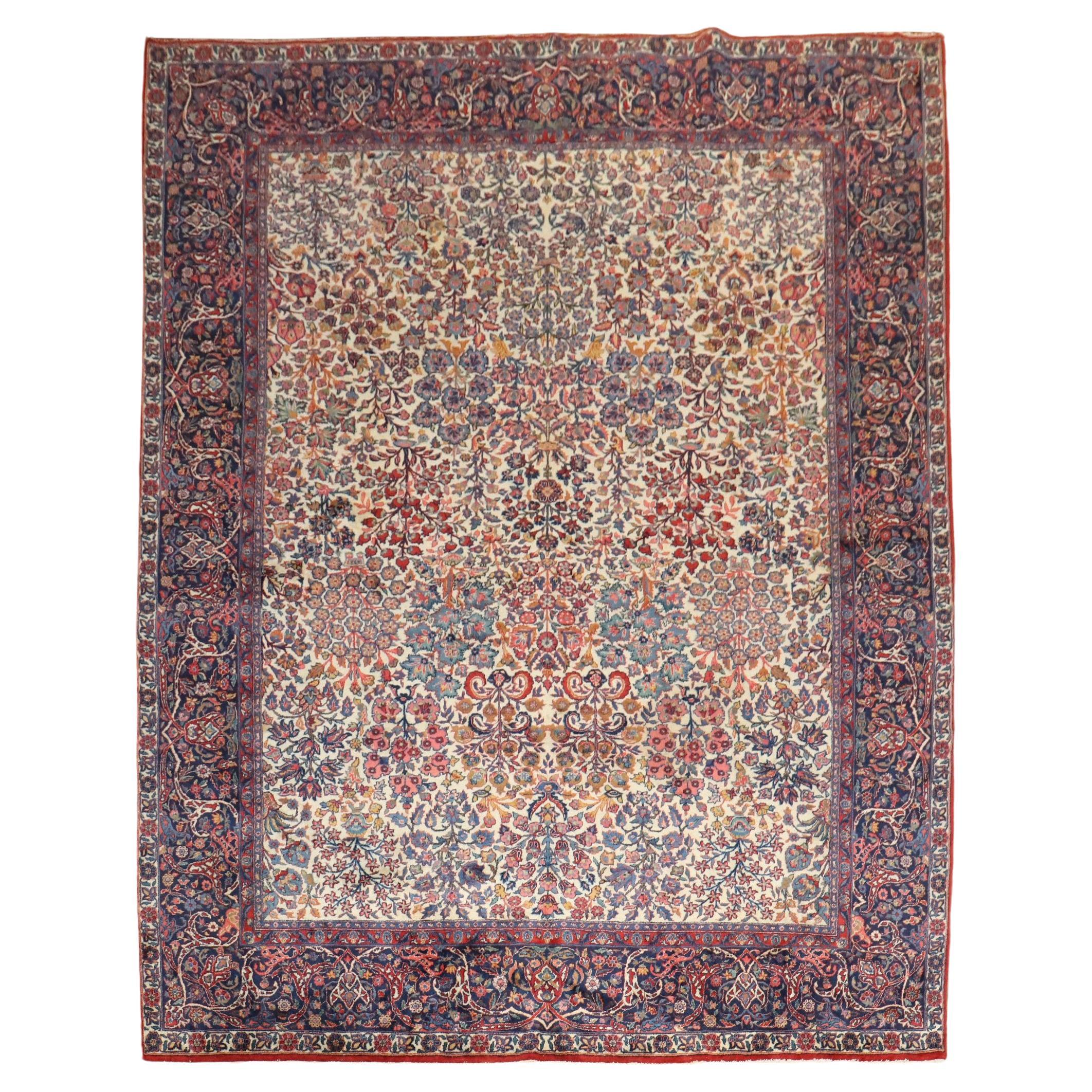 Zabihi Collection Ivory Room Size Persian Kashan Rug For Sale