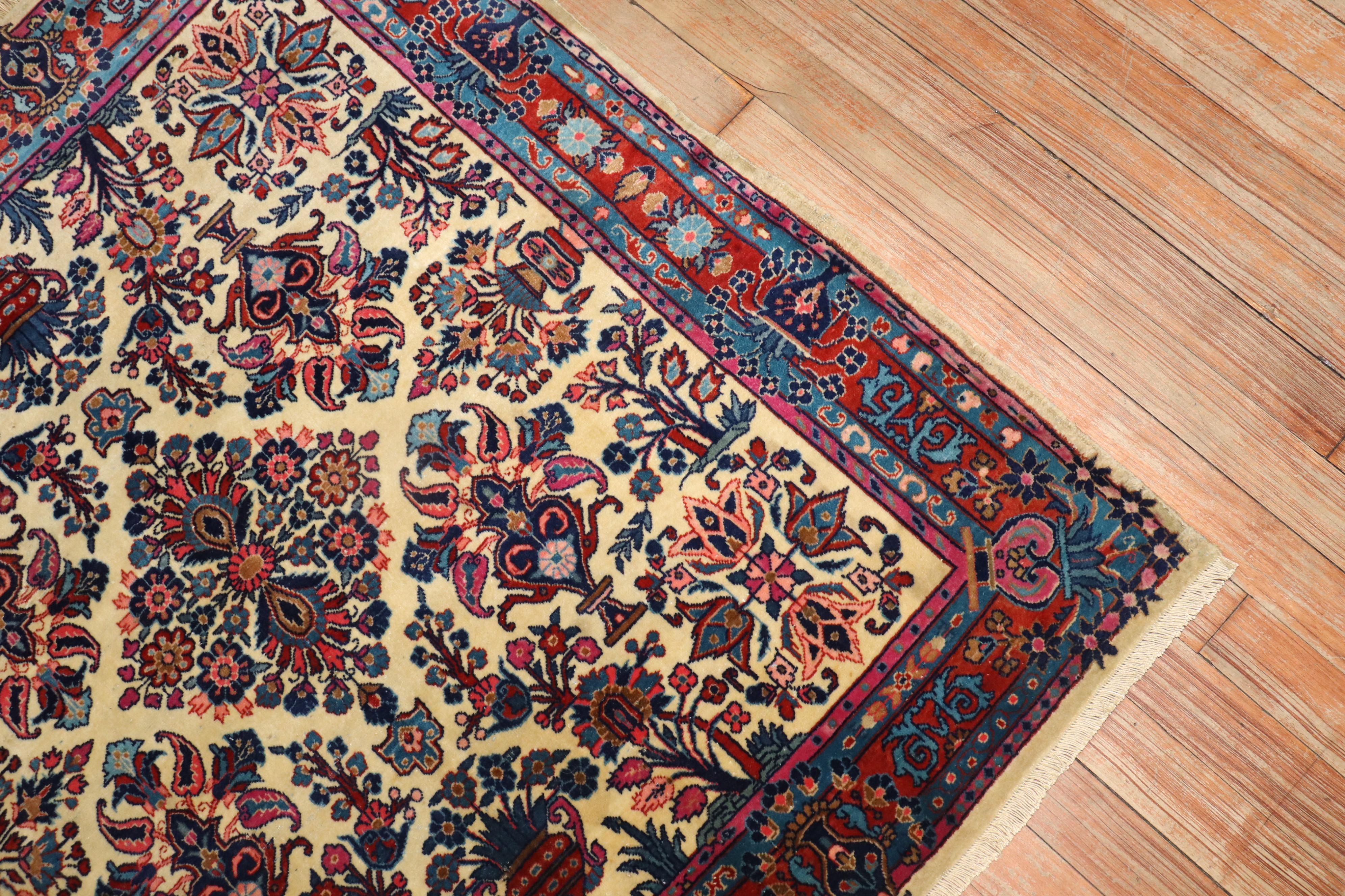 Zabihi Collection Ivory Square Size Persian Kashan Rug In Good Condition For Sale In New York, NY