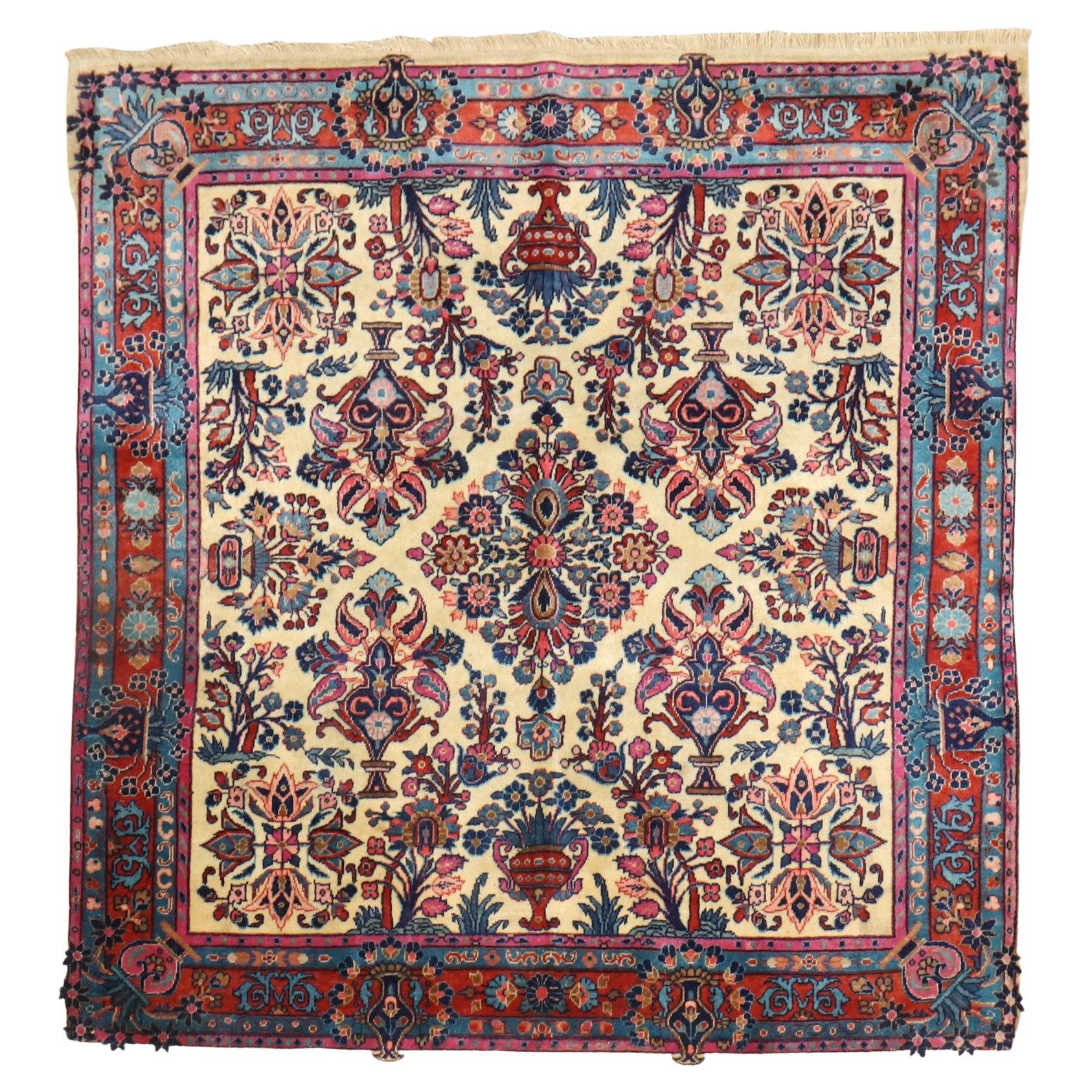 Zabihi Collection Ivory Square Size Persian Kashan Rug For Sale