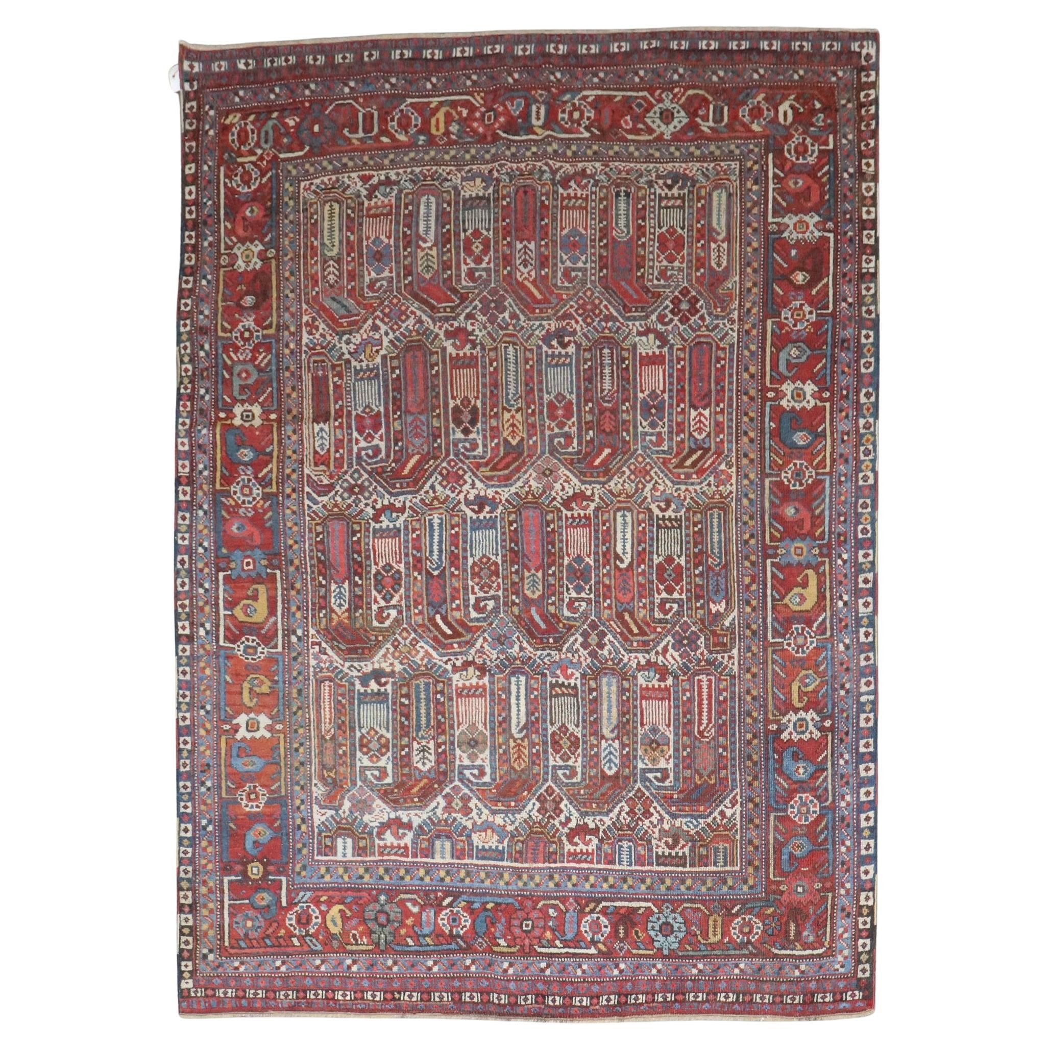 Zabihi Collection Ivory Tribal Antique Shiraz Khamseh Rug