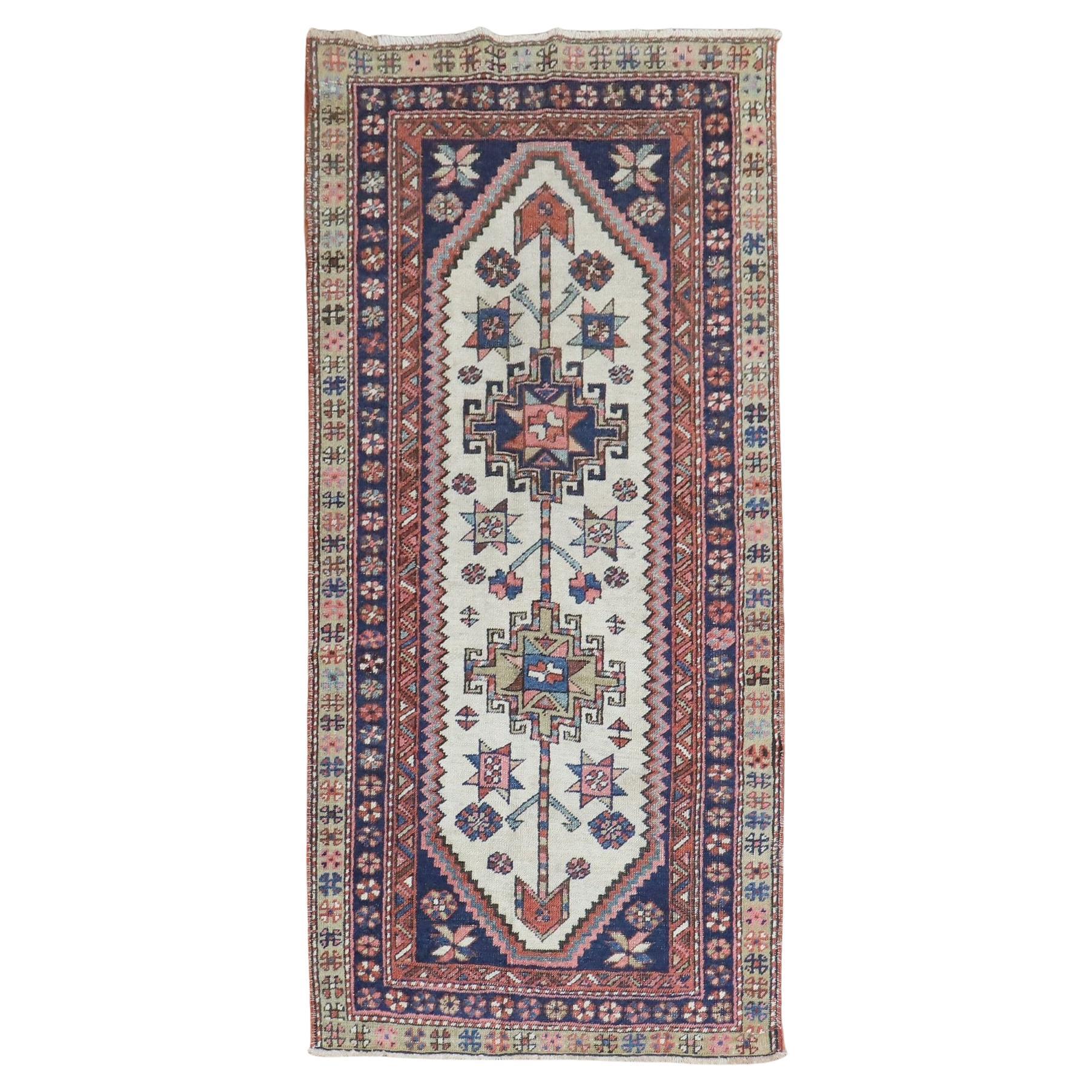 Zabihi Collection Ivory Tribal Heriz Small Runner For Sale