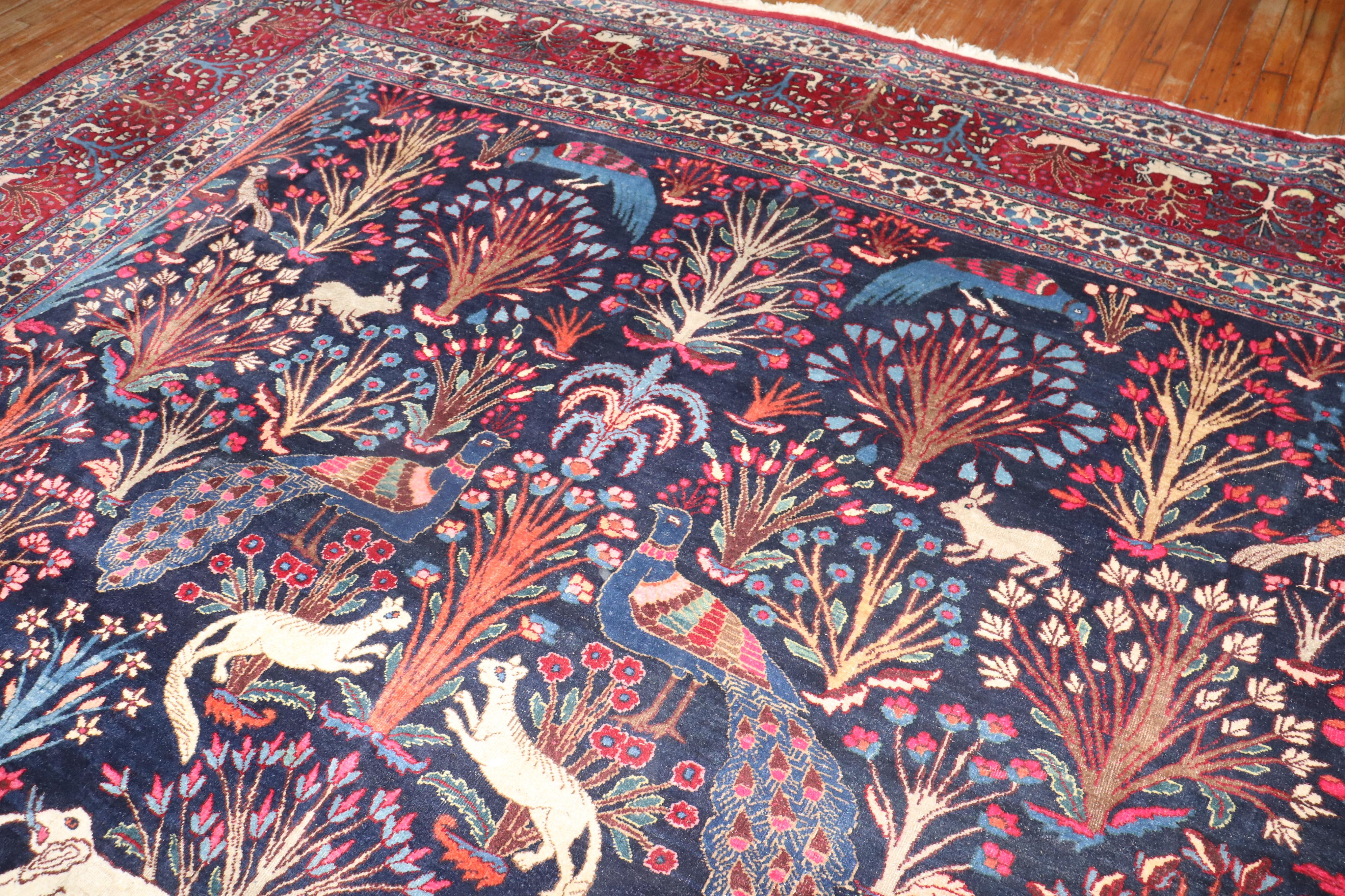 Zabihi Collection Jewel Toned Botanical Persian Meshed Animal Pictorial Rug In Good Condition For Sale In New York, NY