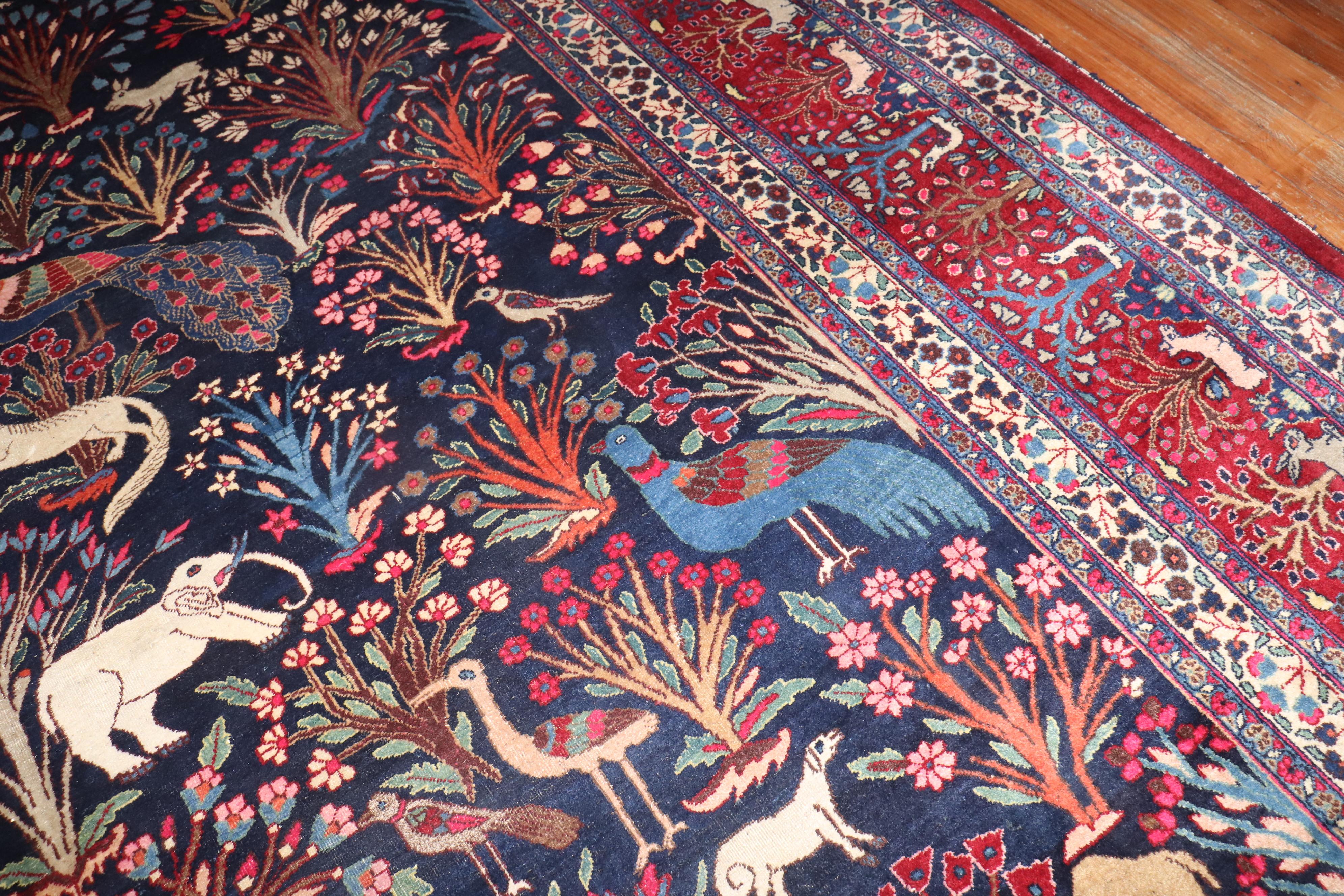 20th Century Zabihi Collection Jewel Toned Botanical Persian Meshed Animal Pictorial Rug For Sale