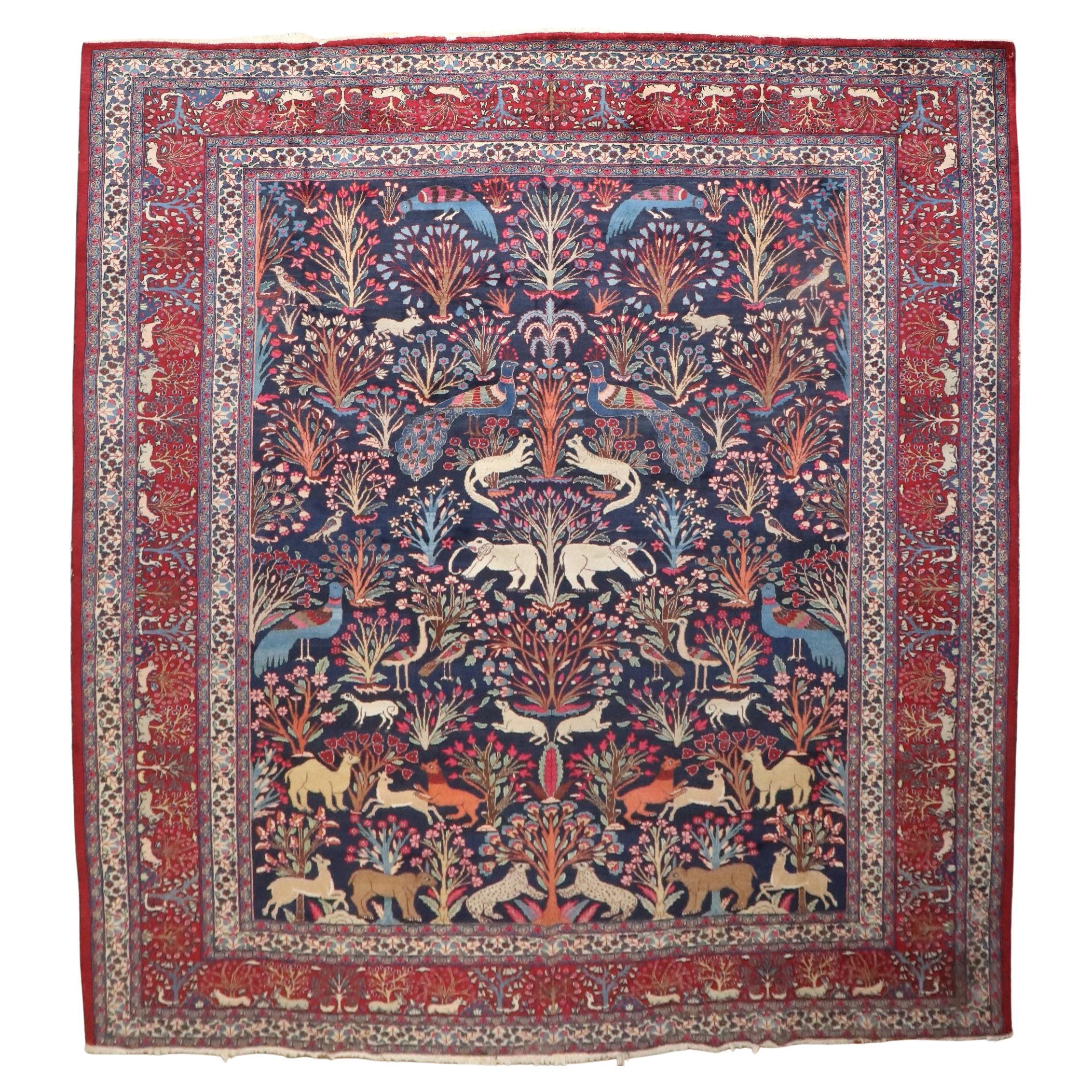 Zabihi Collection Jewel Toned Botanical Persian Meshed Animal Pictorial Rug