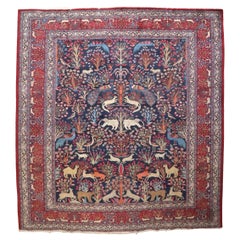 Antique Zabihi Collection Jewel Toned Botanical Persian Meshed Animal Pictorial Rug
