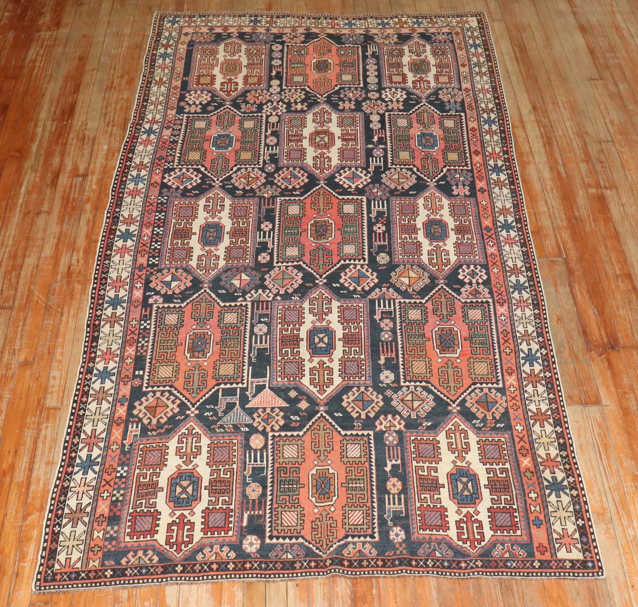 Kazak Zabihi Collection Large Antique Caucasian Tribal Rug For Sale