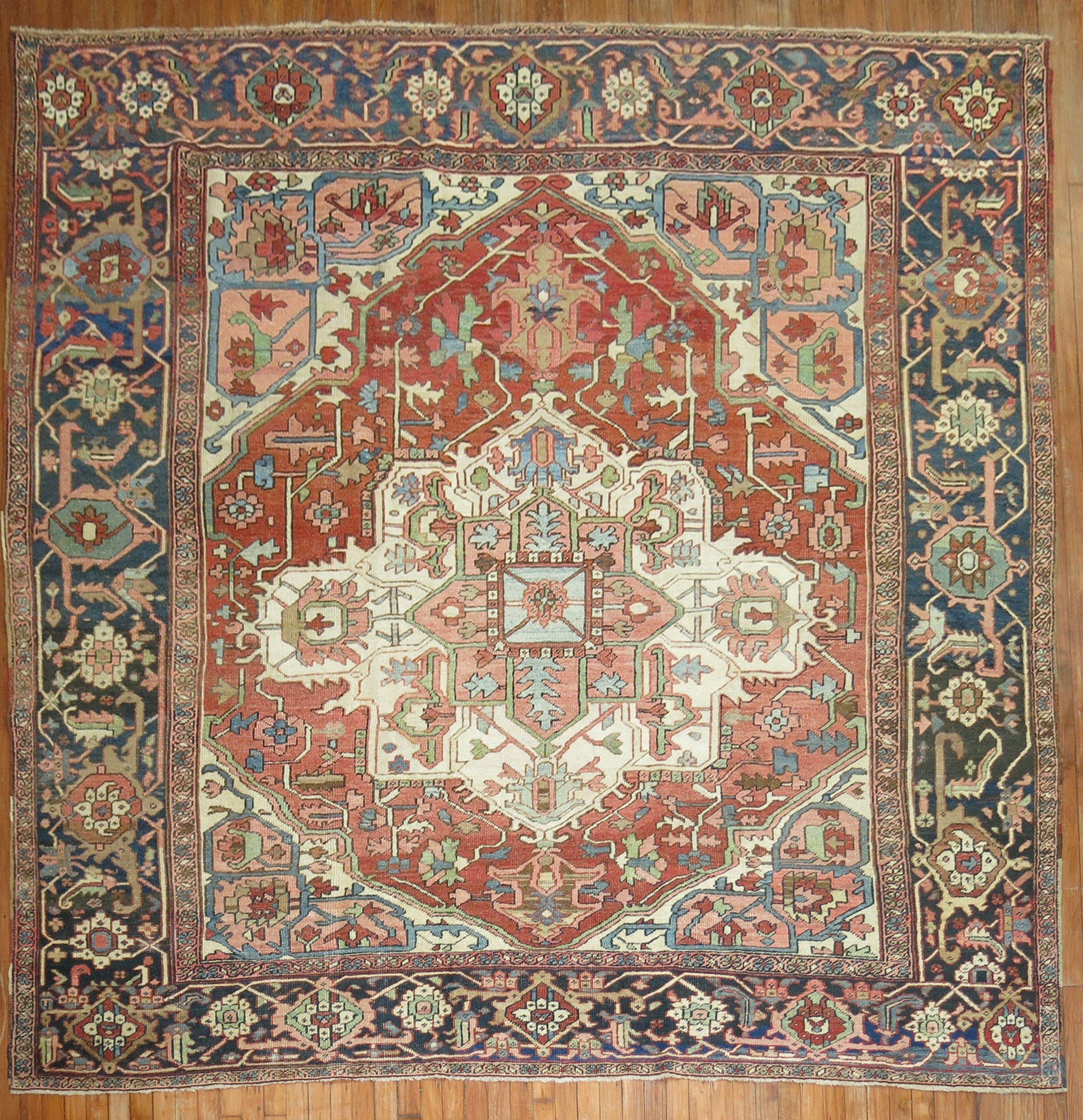Zabihi Collection Large Antique Persian Square Heriz Rug For Sale 4