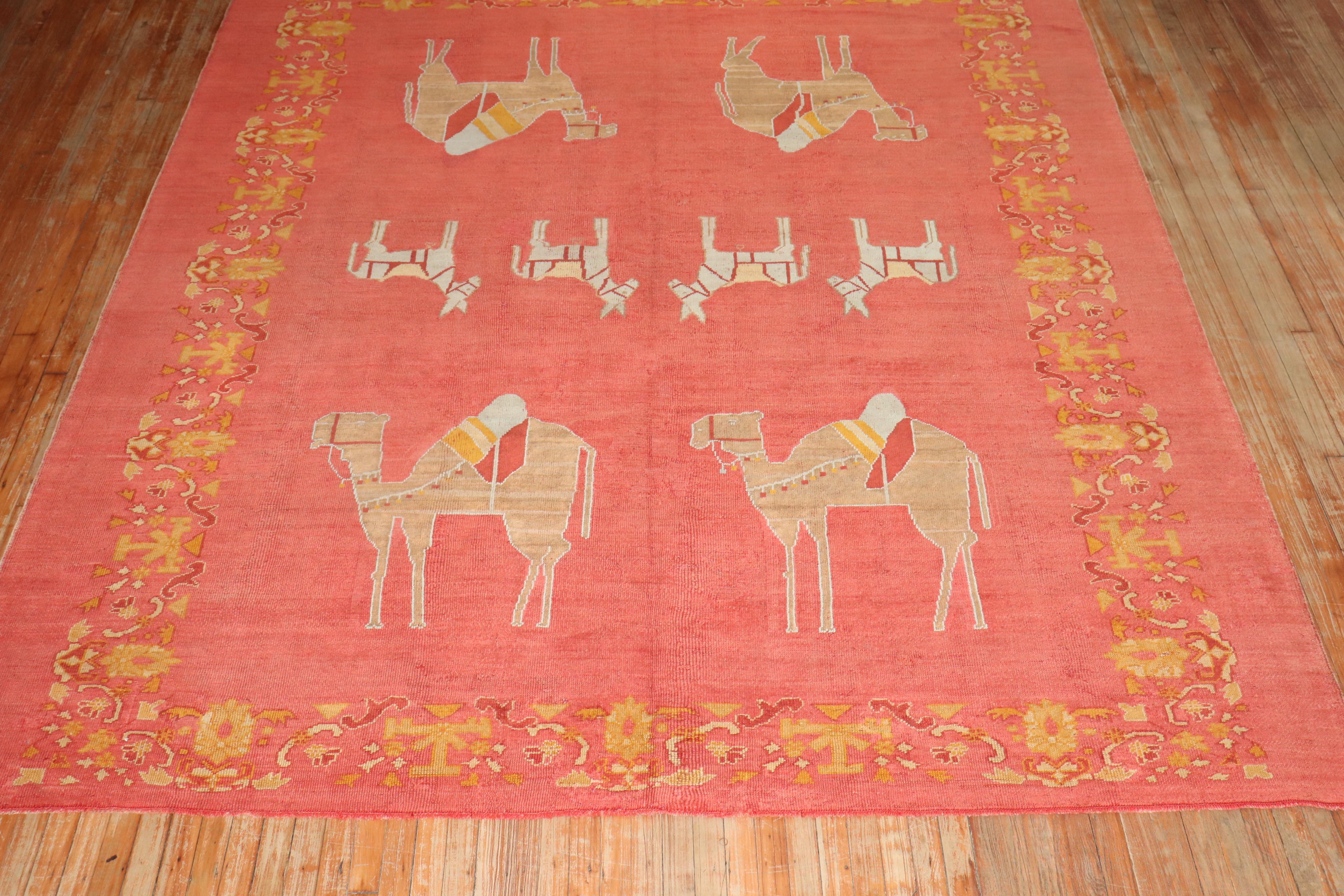 Zabihi Collection Large Camels Horses Antique Oushak Animal Rug For Sale 3