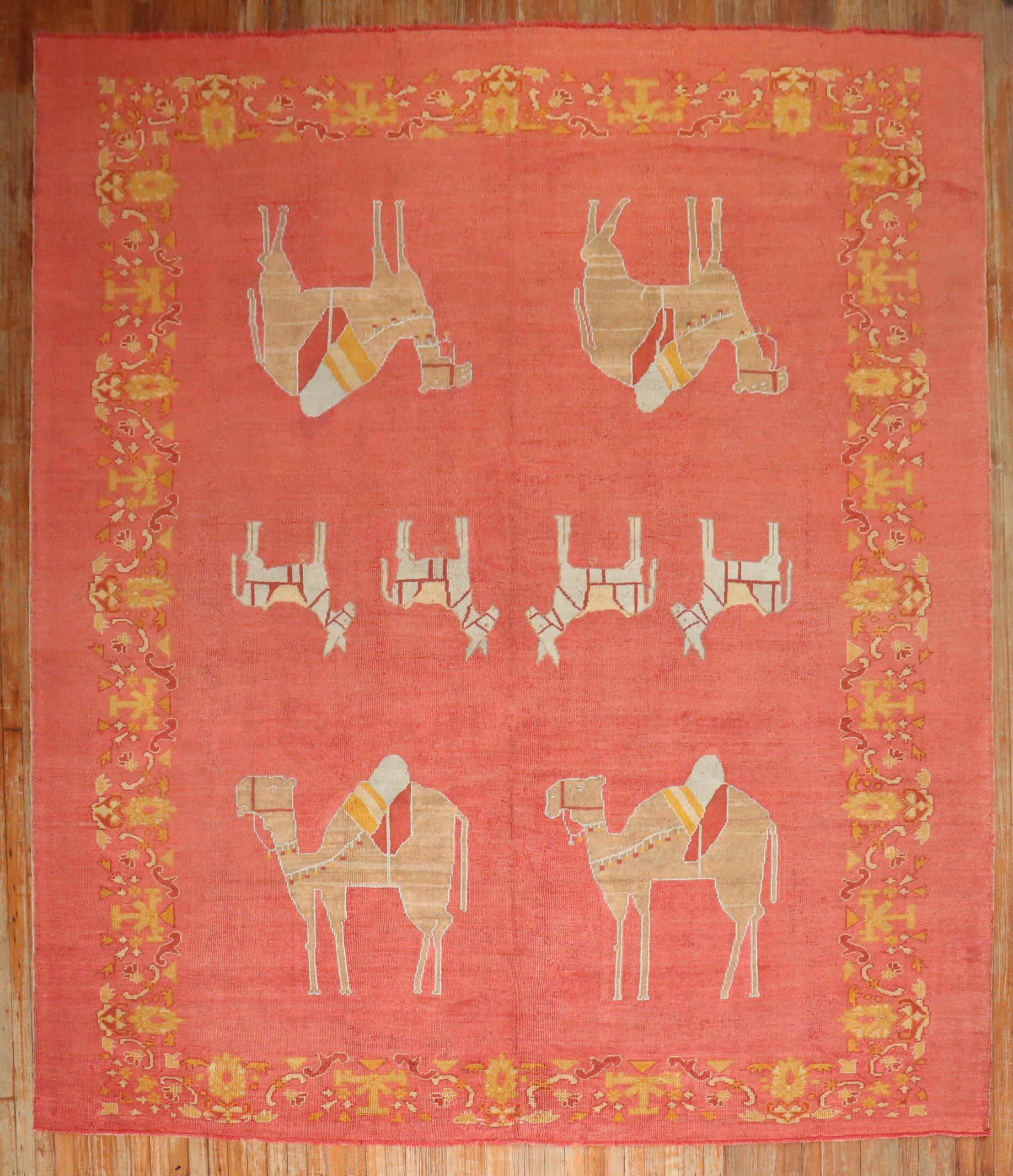 Zabihi Collection Large Camels Horses Antique Oushak Animal Rug For Sale 1