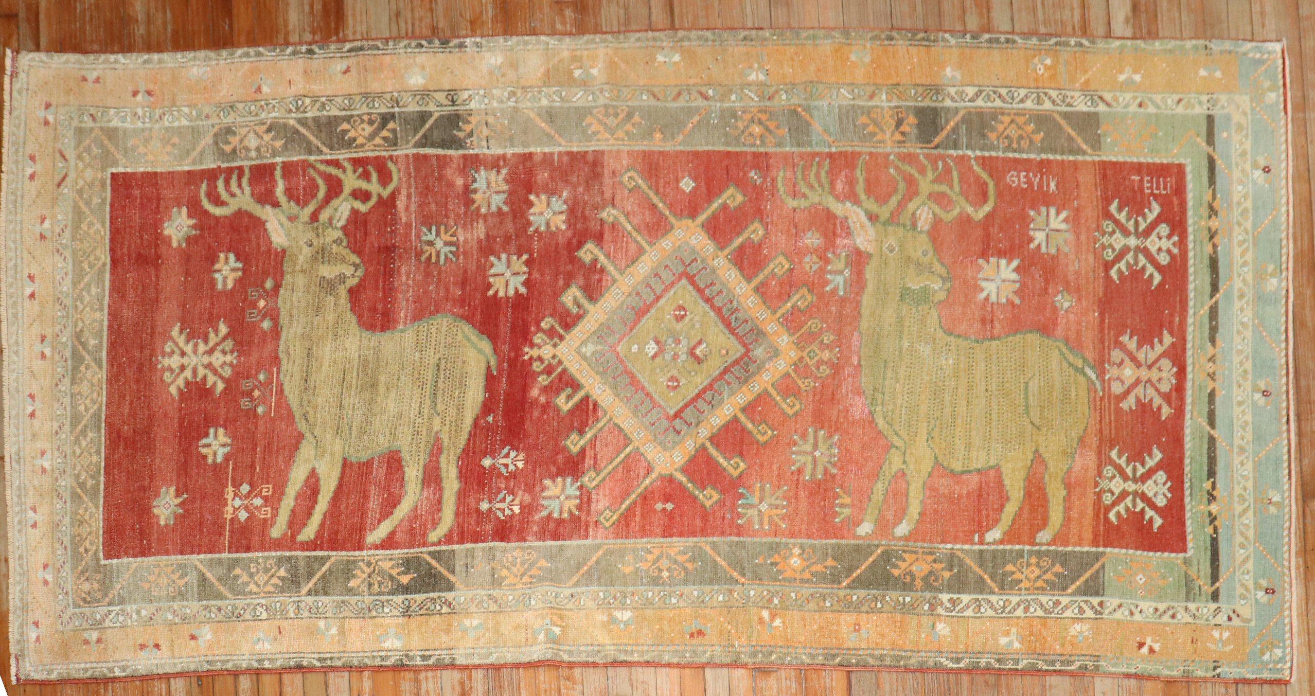 Hand-Woven Zabihi Collection Large Deer Turkish Pictorial Rug For Sale