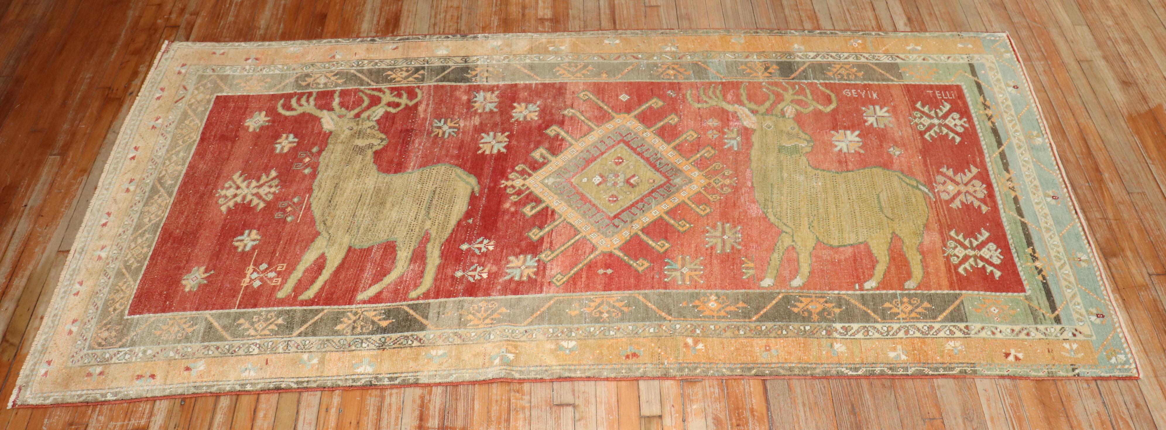 Zabihi Collection Large Deer Turkish Pictorial Rug In Good Condition For Sale In New York, NY