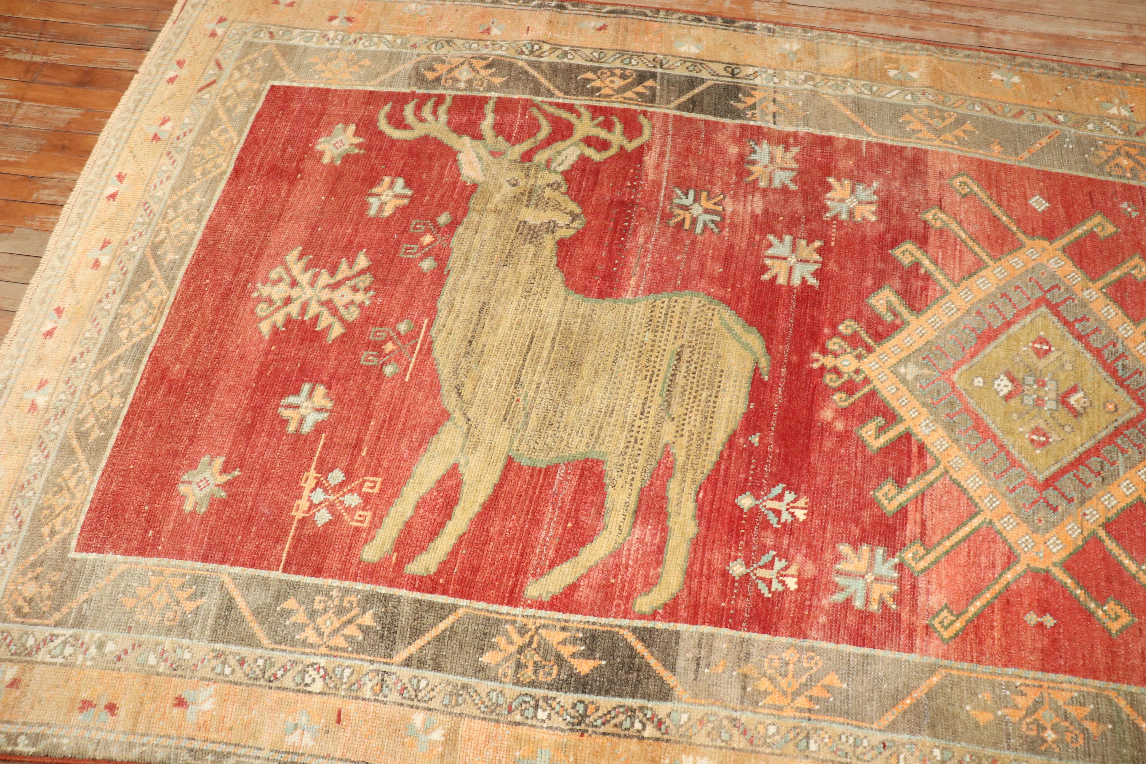 Wool Zabihi Collection Large Deer Turkish Pictorial Rug For Sale