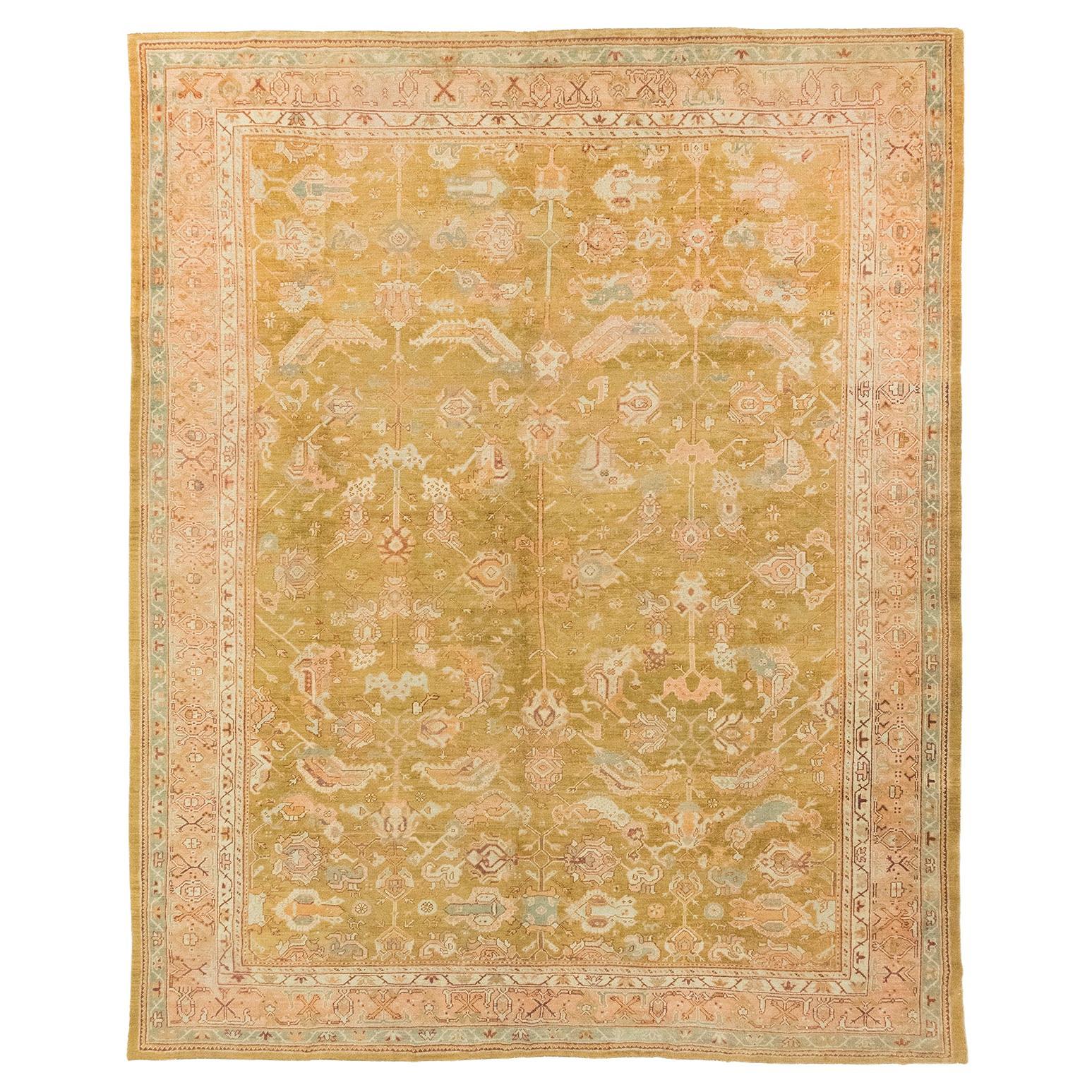 Zabihi Collection Large Green Antique Turkish Oushak Rug