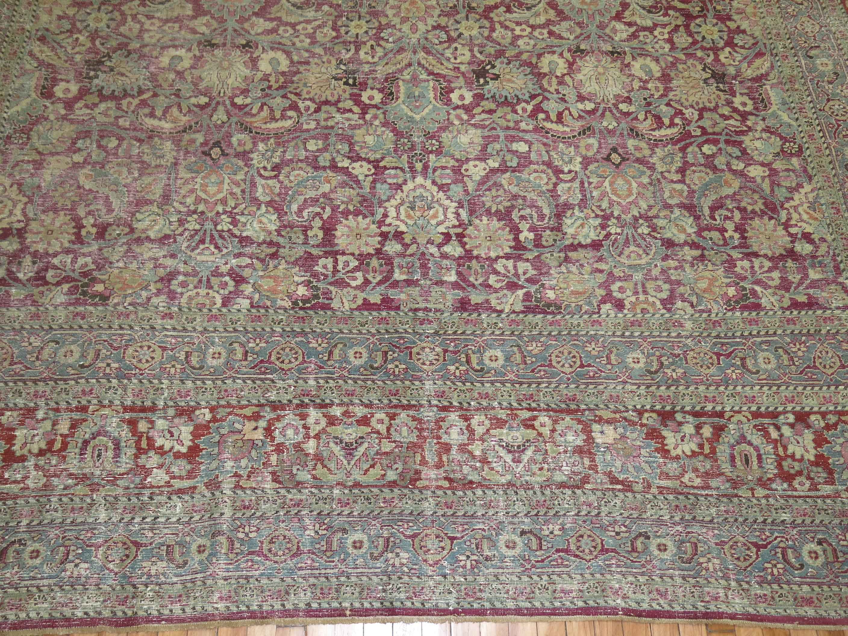 Zabihi Collection Large Raspberry Antique Persian Meshed Rug For Sale 3