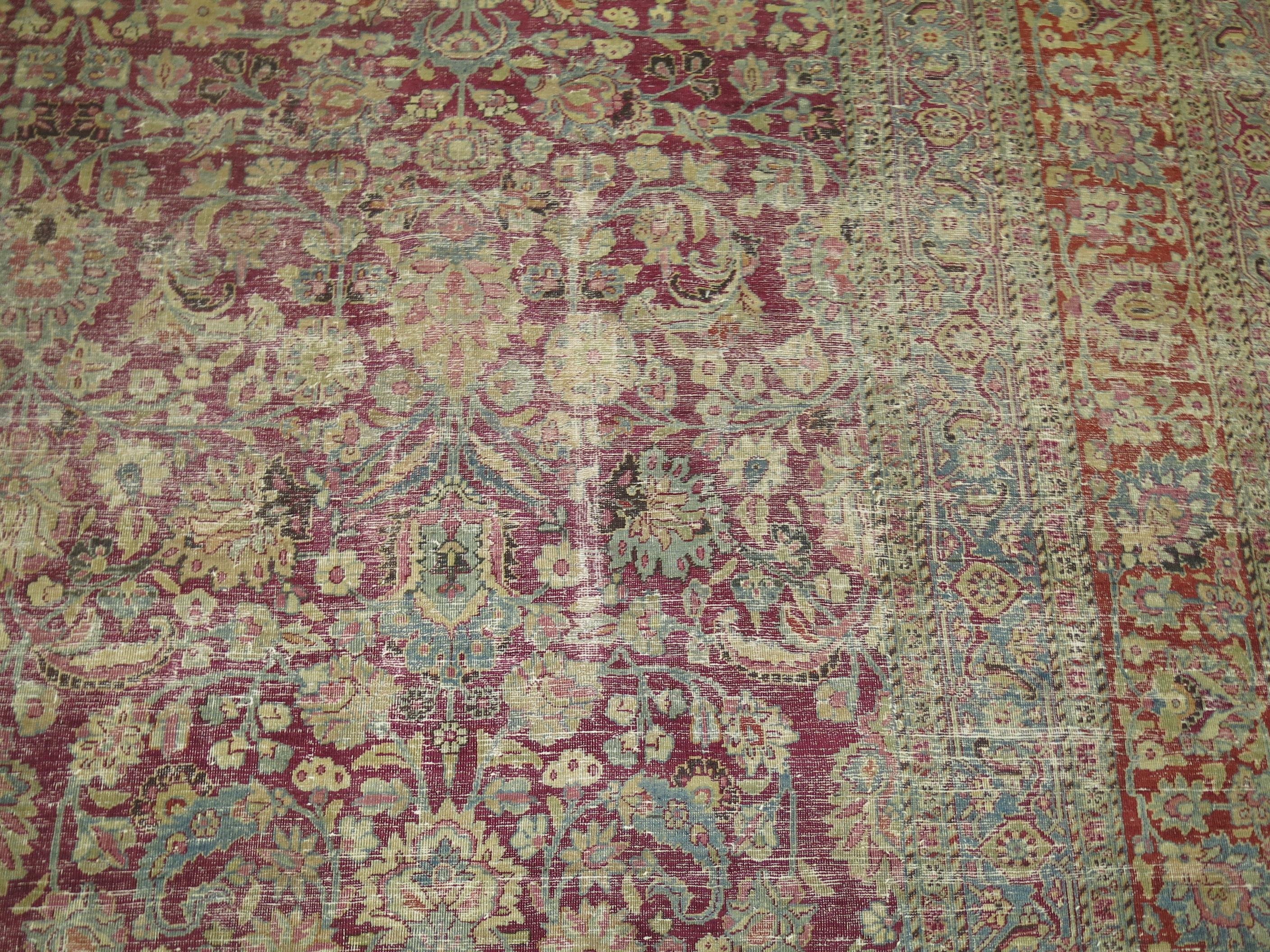 Victorian Zabihi Collection Large Raspberry Antique Persian Meshed Rug For Sale